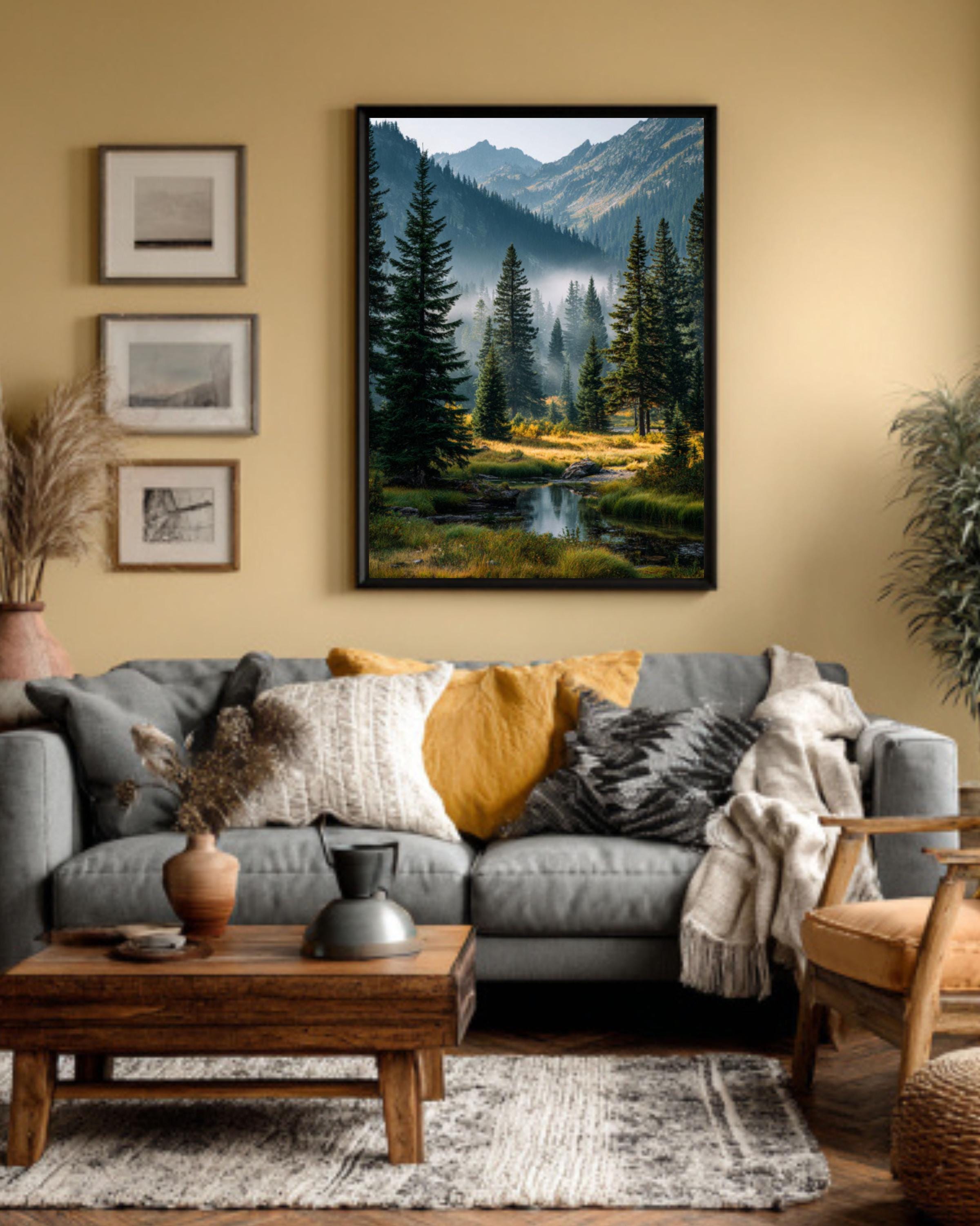 Misty Pine Forest Landscape Wall Art – Washington Mountain Lake Nature Print