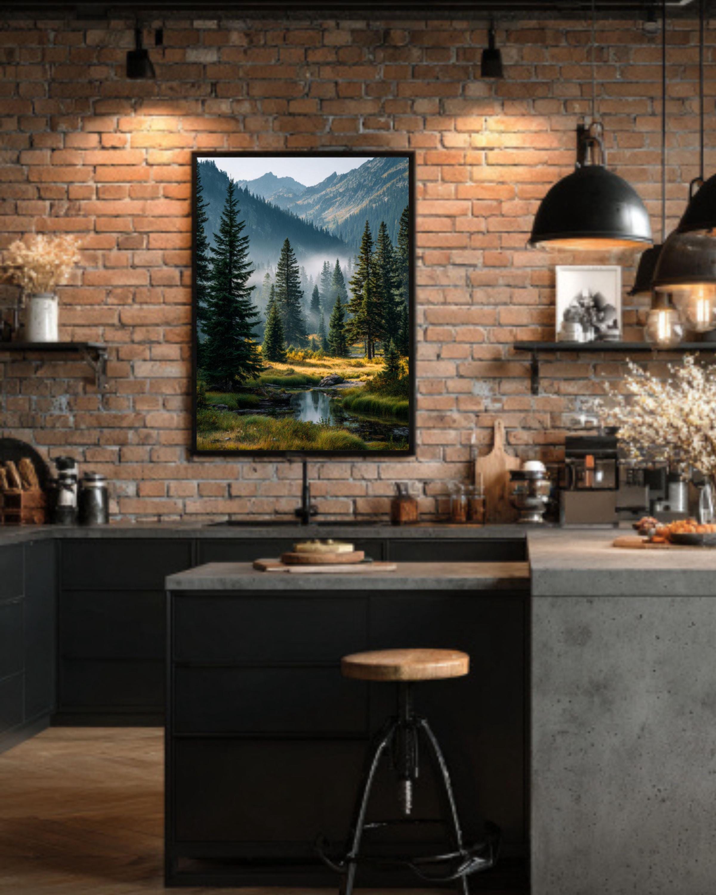 Misty Pine Forest Landscape Wall Art – Washington Mountain Lake Nature Print