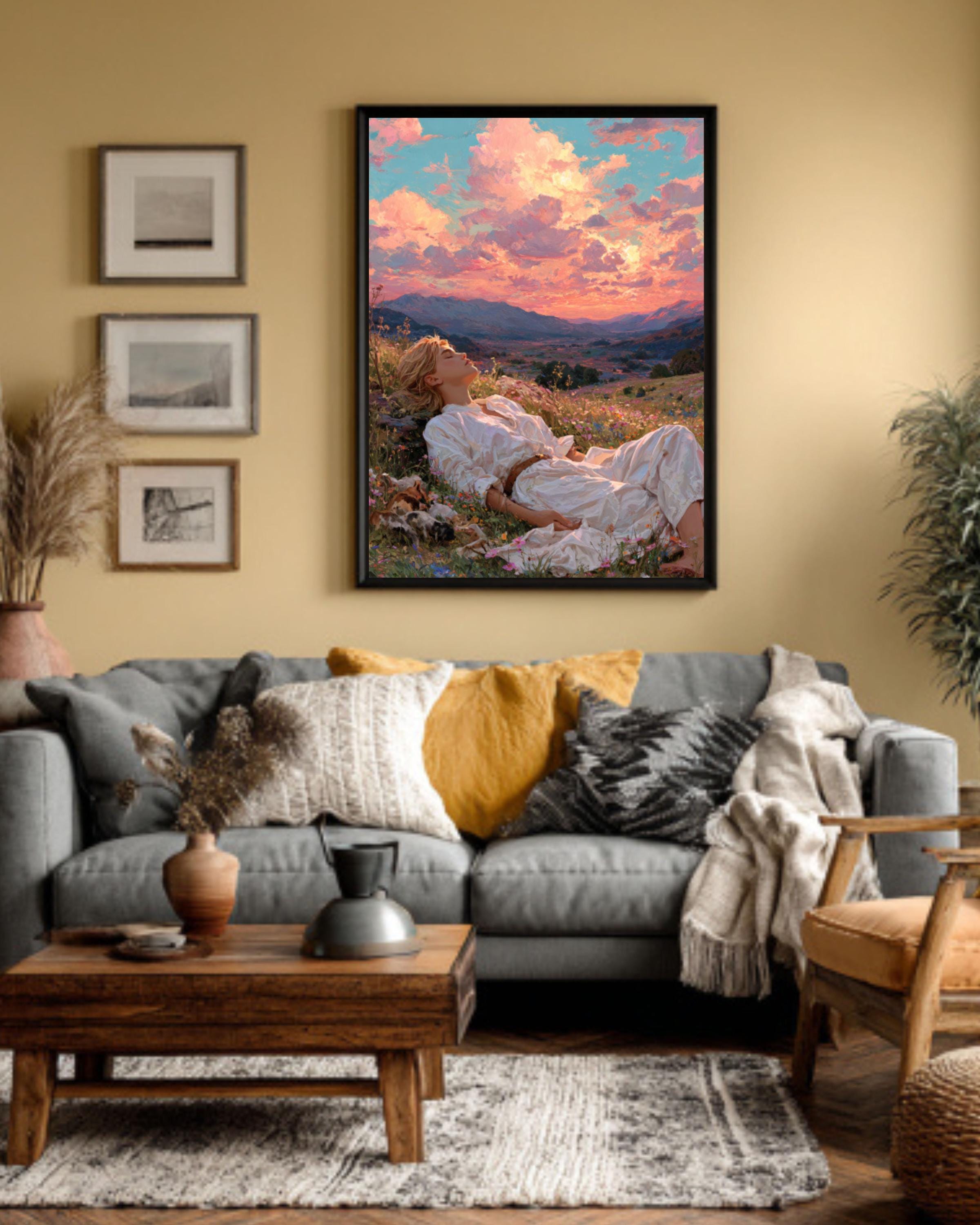 Dreamy Meadow Art Print – Woman, Wildflowers & Sunset Hills