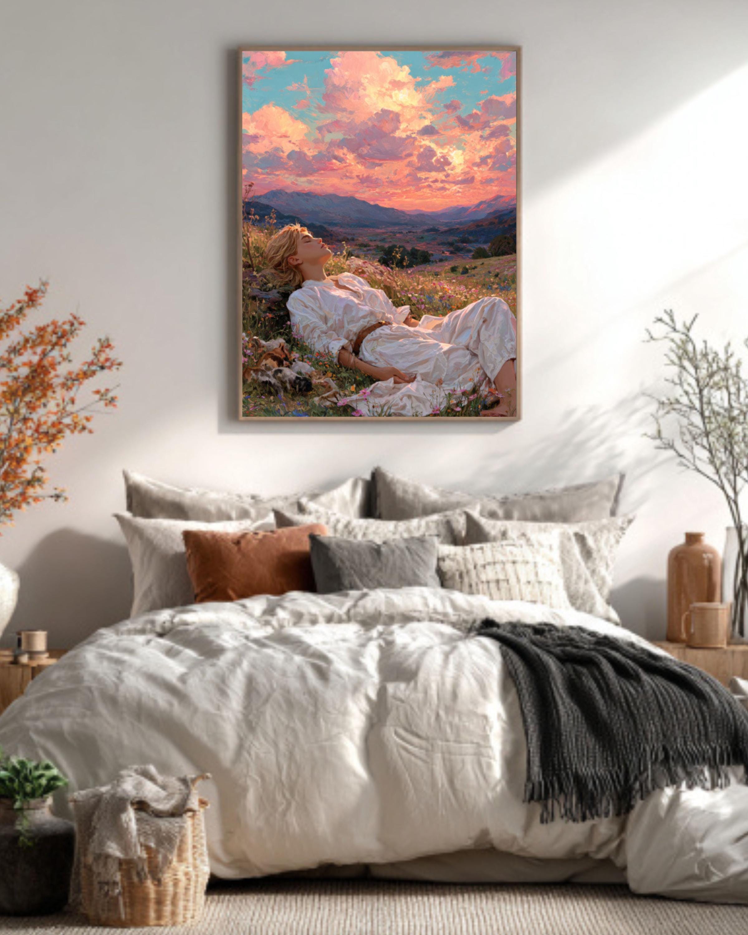 Dreamy Meadow Art Print – Woman, Wildflowers & Sunset Hills