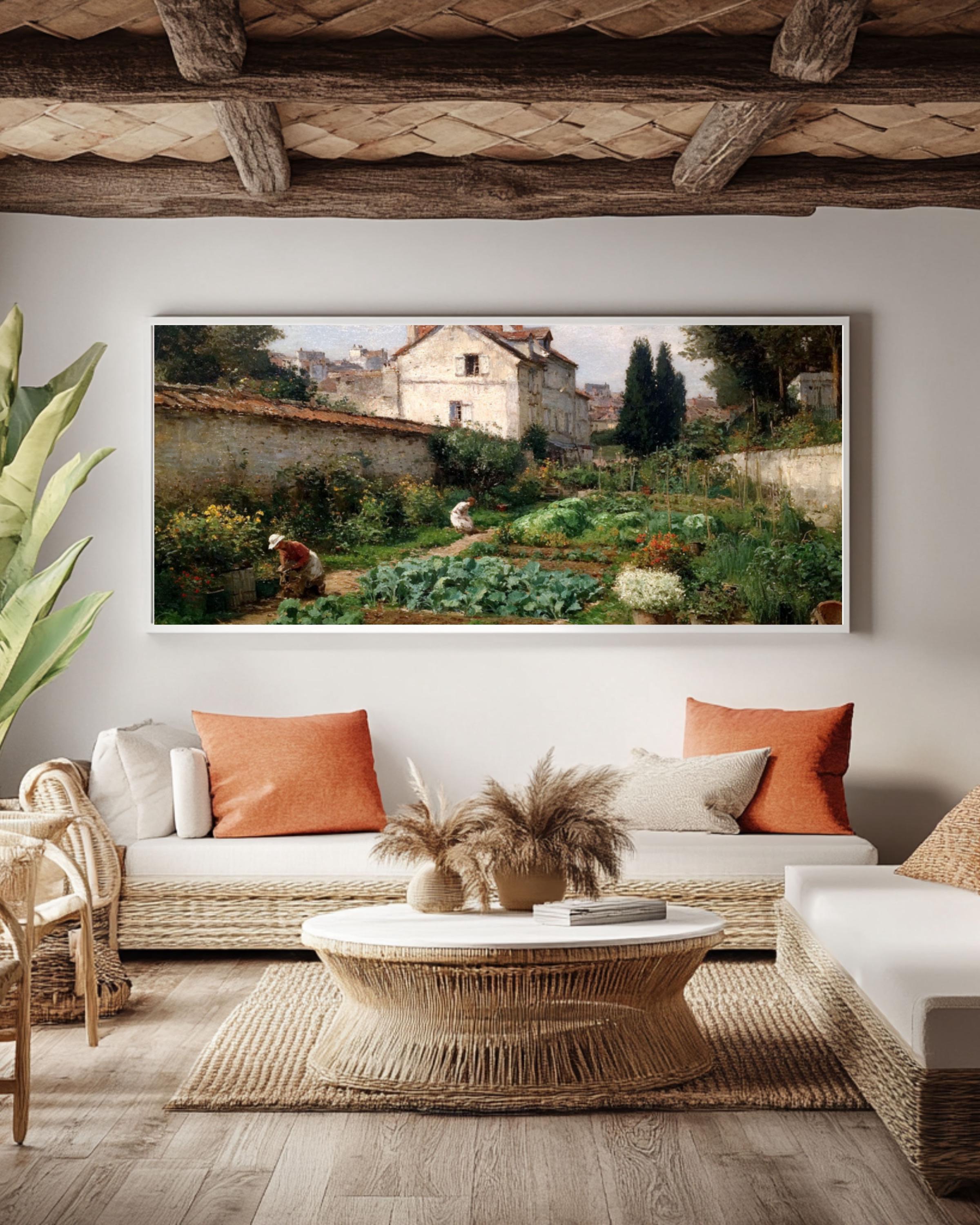 Impressionist Garden Scene Canvas Art – Pissarro Style Wall Decor