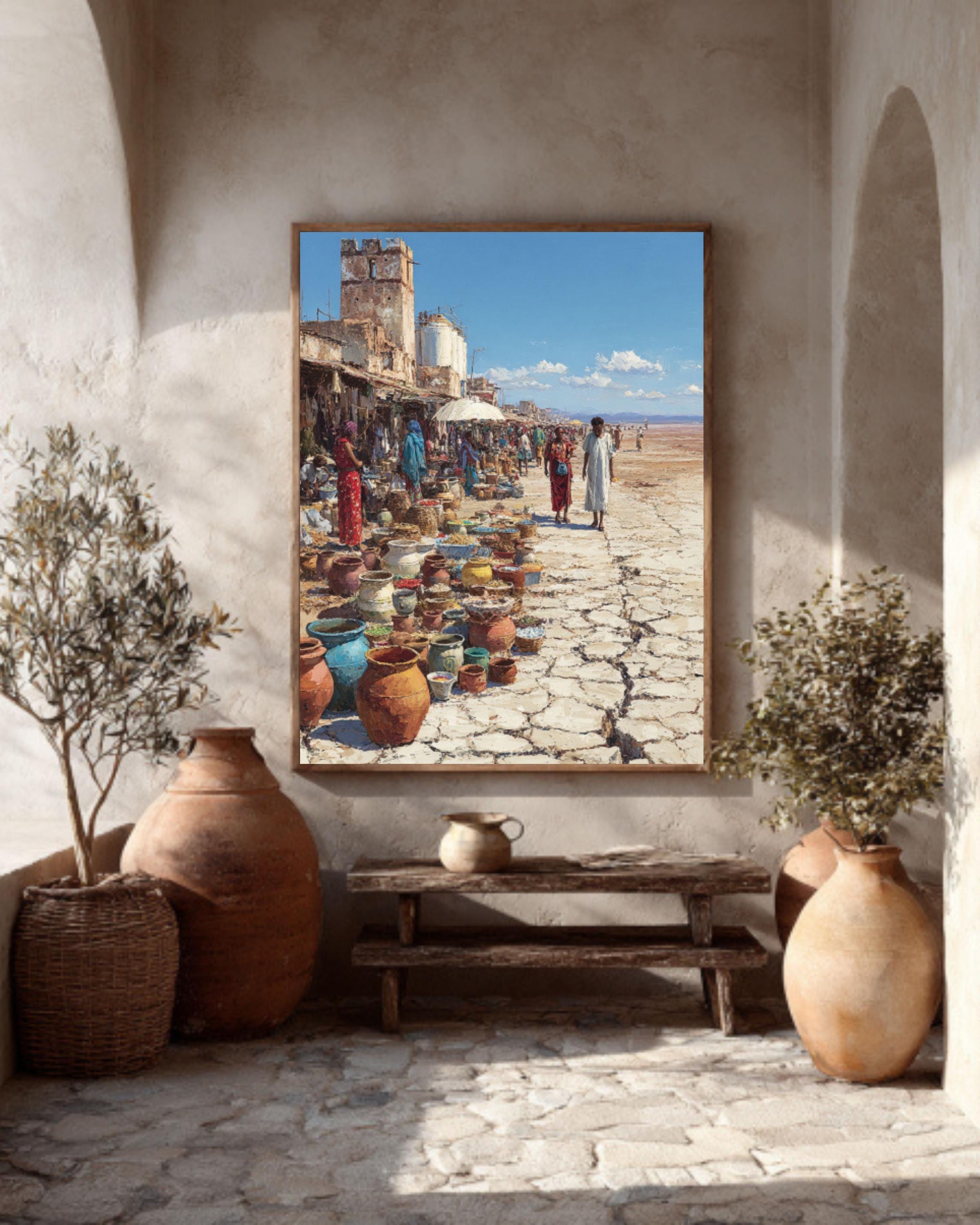 African Street Market Oil Painting Print – Alex Alemany Style Cracked Earth Surreal Wall Art
