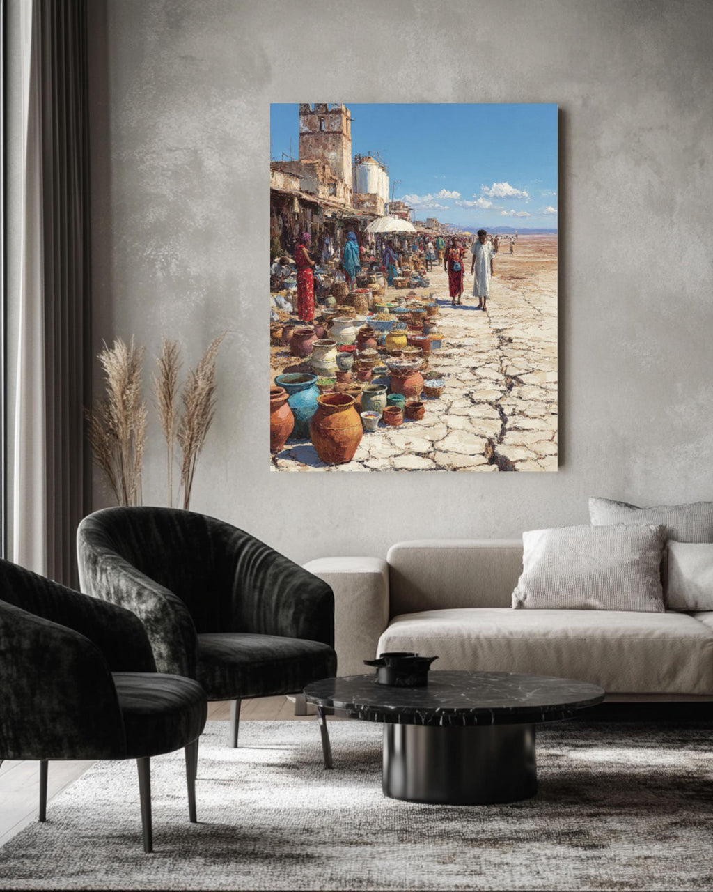 African Street Market Oil Painting Print – Alex Alemany Style Cracked Earth Surreal Wall Art