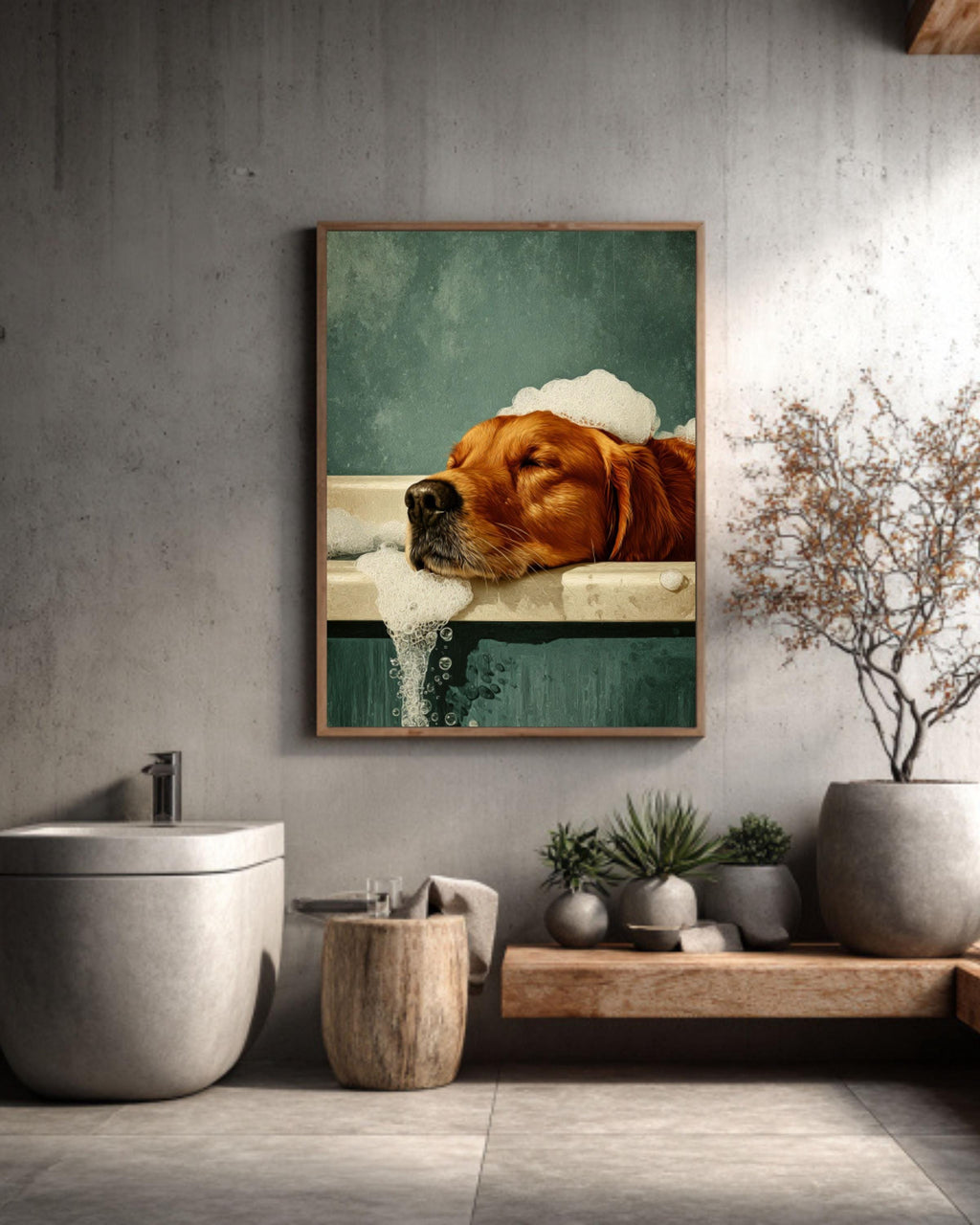 Golden Retriever in Bathtub Art: Retro Green Dog Print Canvas Wall Art – Modern Decor Print
