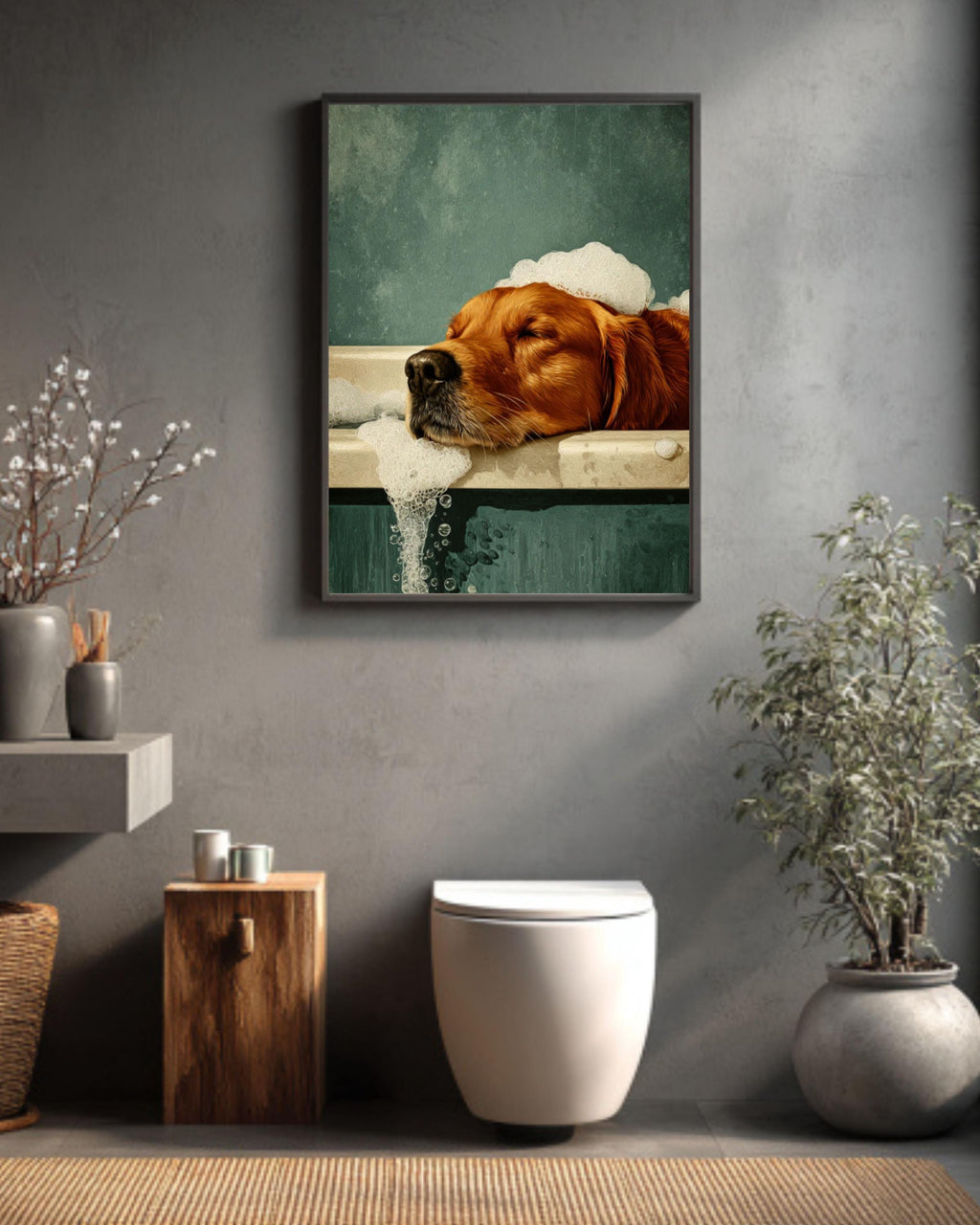 Golden Retriever in Bathtub Art: Retro Green Dog Print Canvas Wall Art – Modern Decor Print