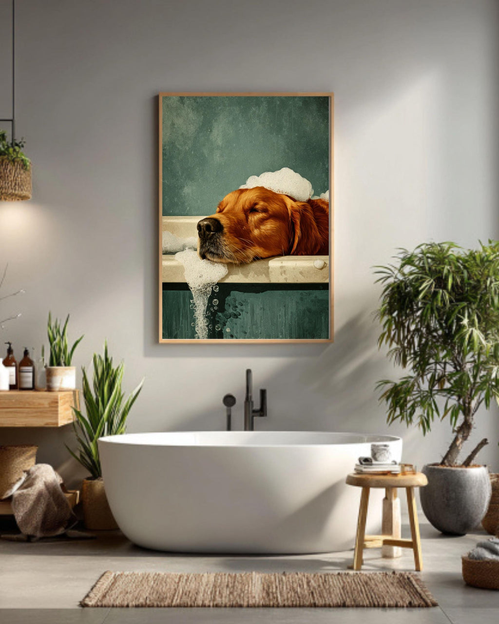 Golden Retriever in Bathtub Art: Retro Green Dog Print Canvas Wall Art – Modern Decor Print