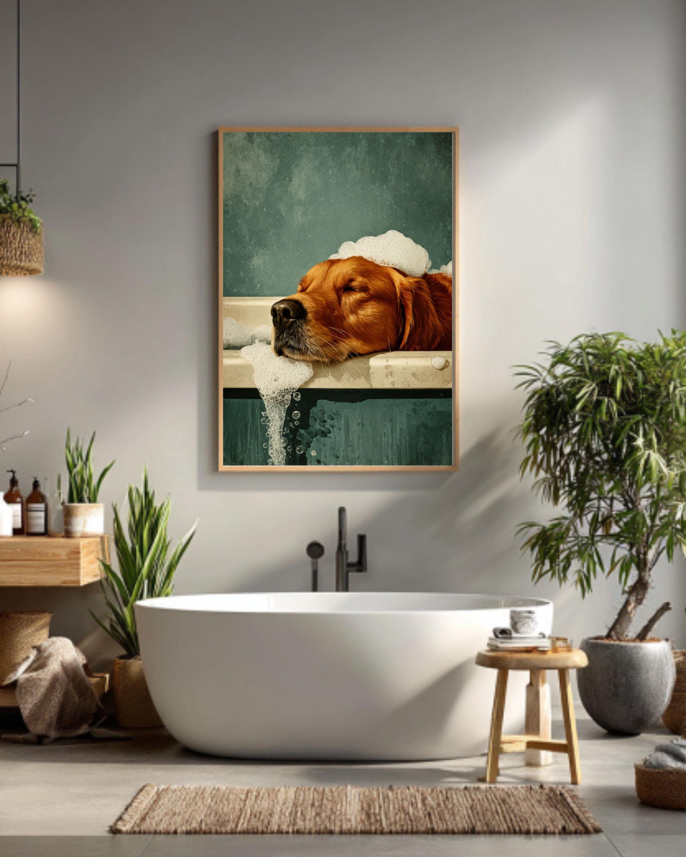 Golden Retriever in Bathtub Art: Retro Green Dog Print Canvas Wall Art – Modern Decor Print