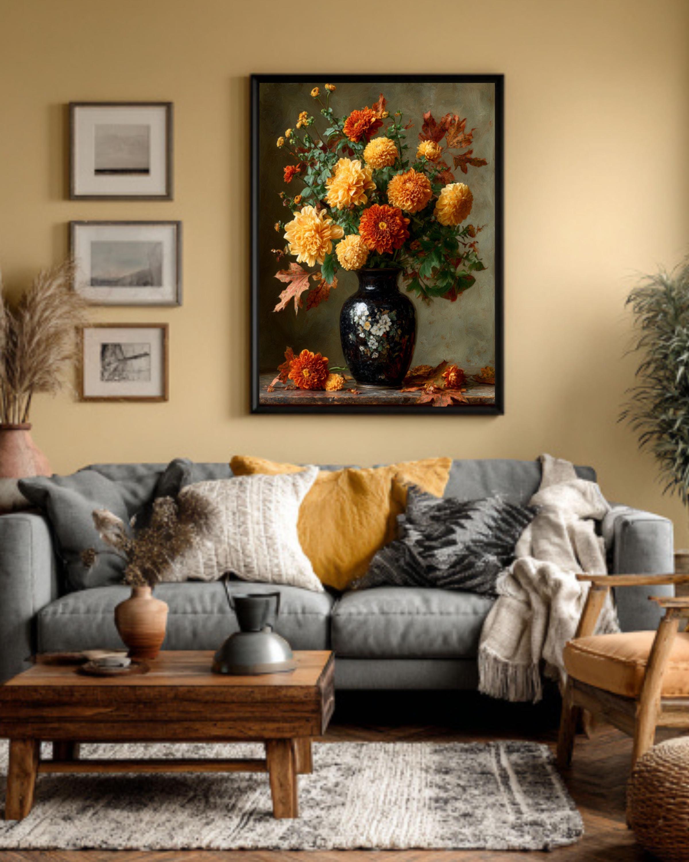 Autumn Floral Still Life Canvas Art – Marigold and Chrysanthemum Painting