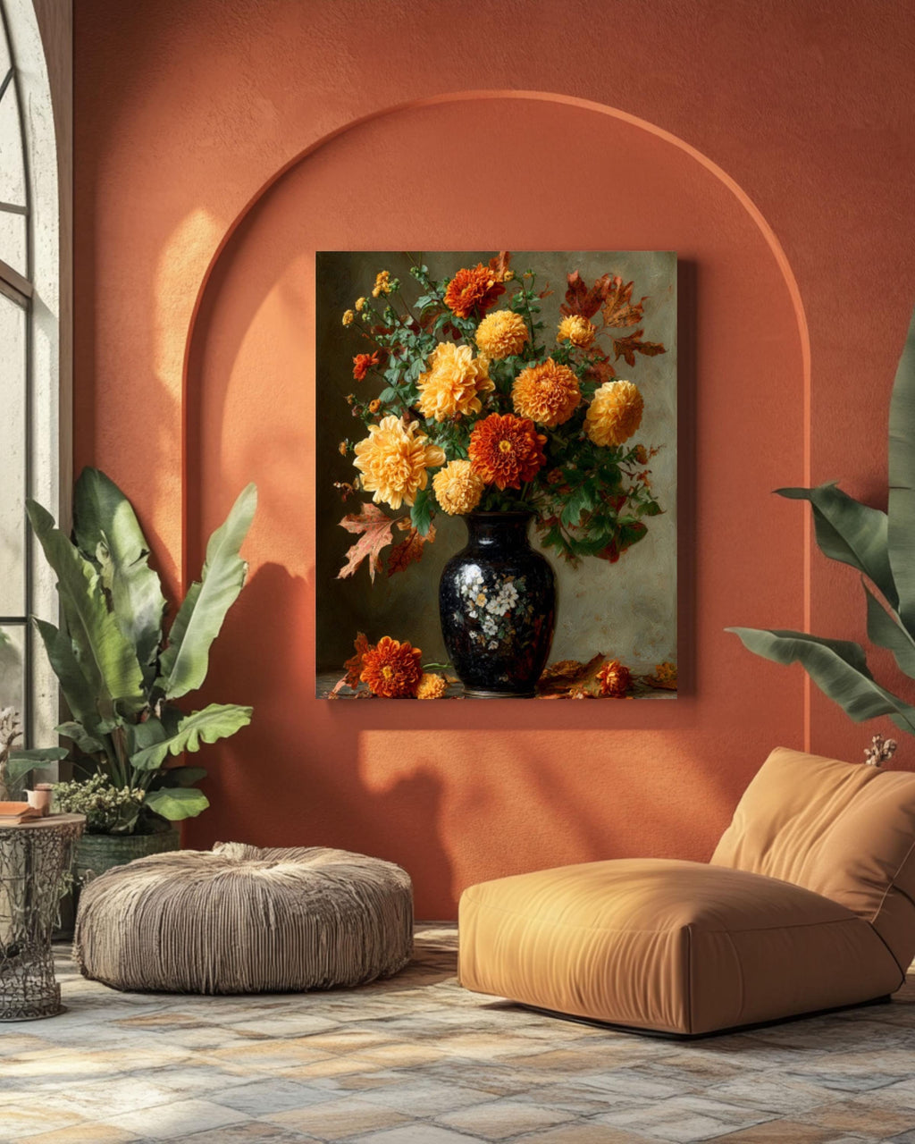 Autumn Floral Still Life Canvas Art – Marigold and Chrysanthemum Painting