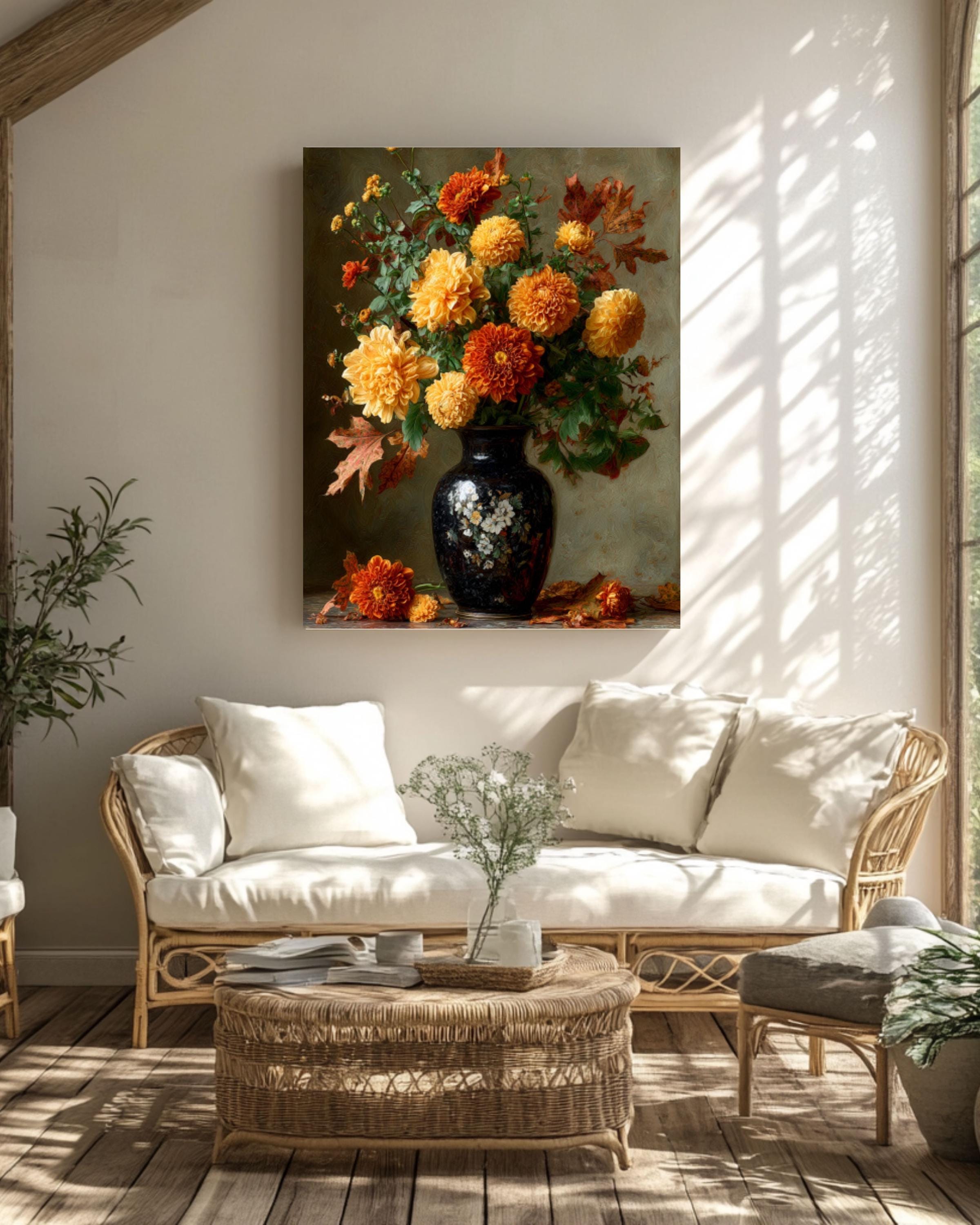 Autumn Floral Still Life Canvas Art – Marigold and Chrysanthemum Painting