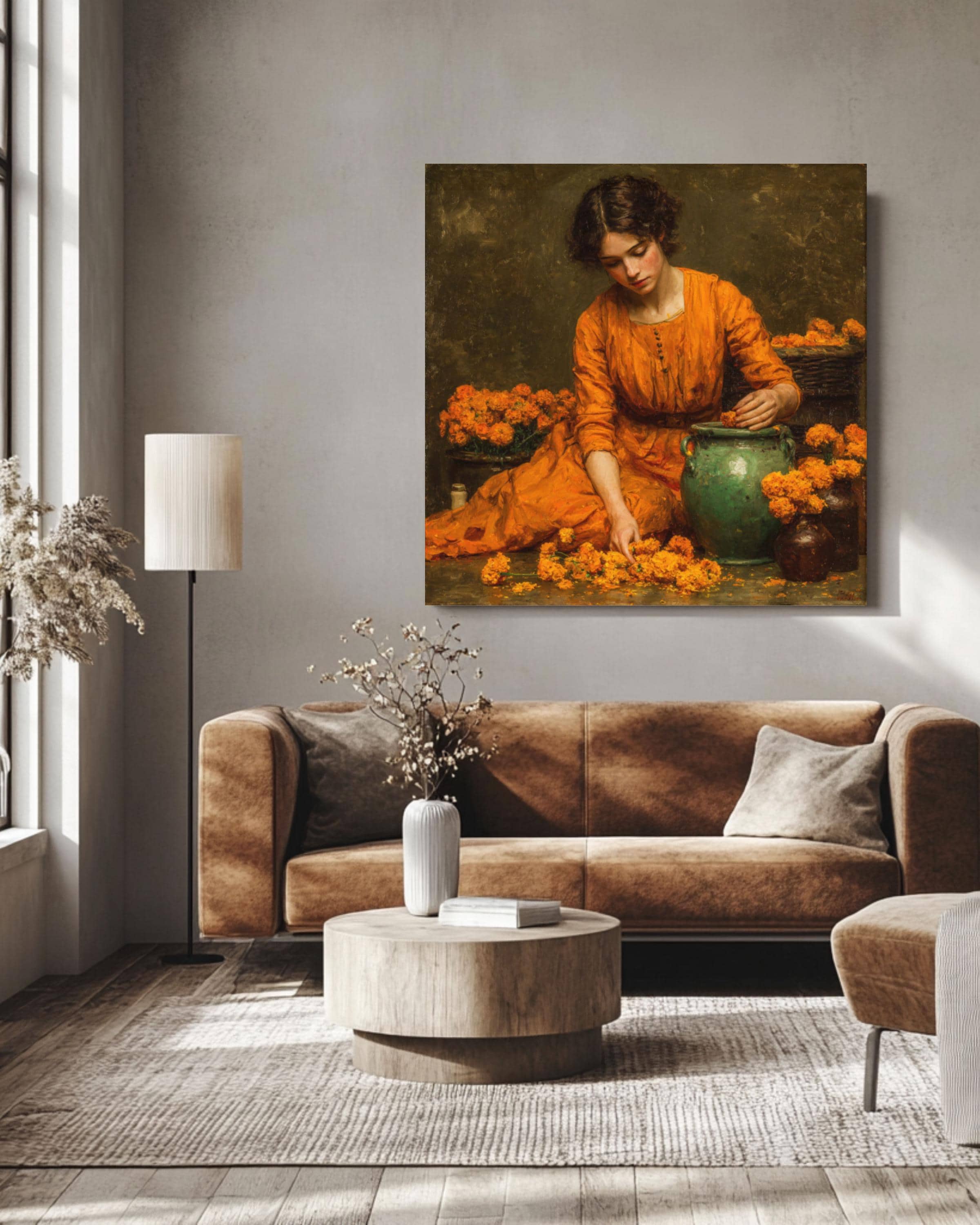 Waterhouse-Inspired Vintage Painting – Marigolds Woman Wall Art