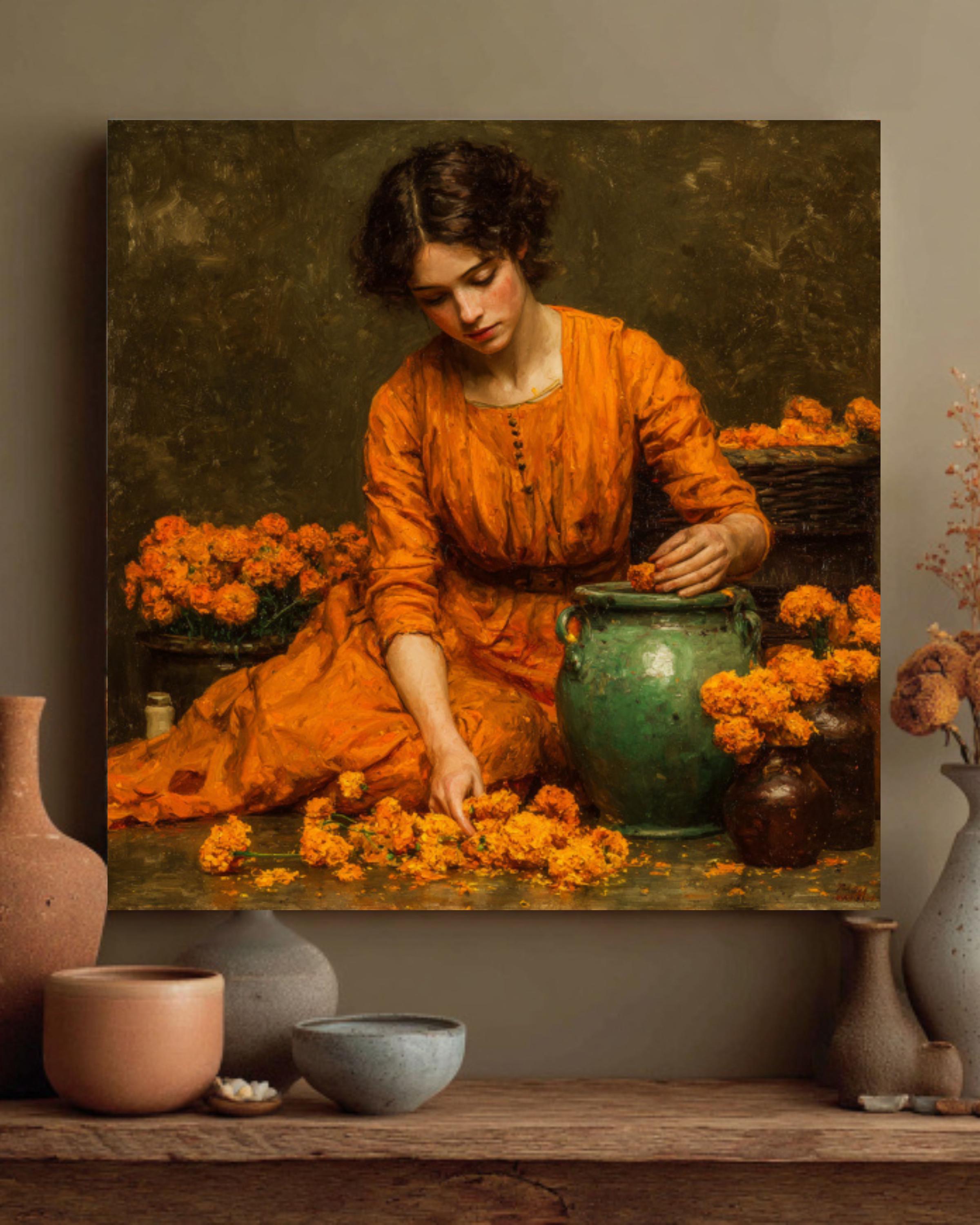Waterhouse-Inspired Vintage Painting – Marigolds Woman Wall Art