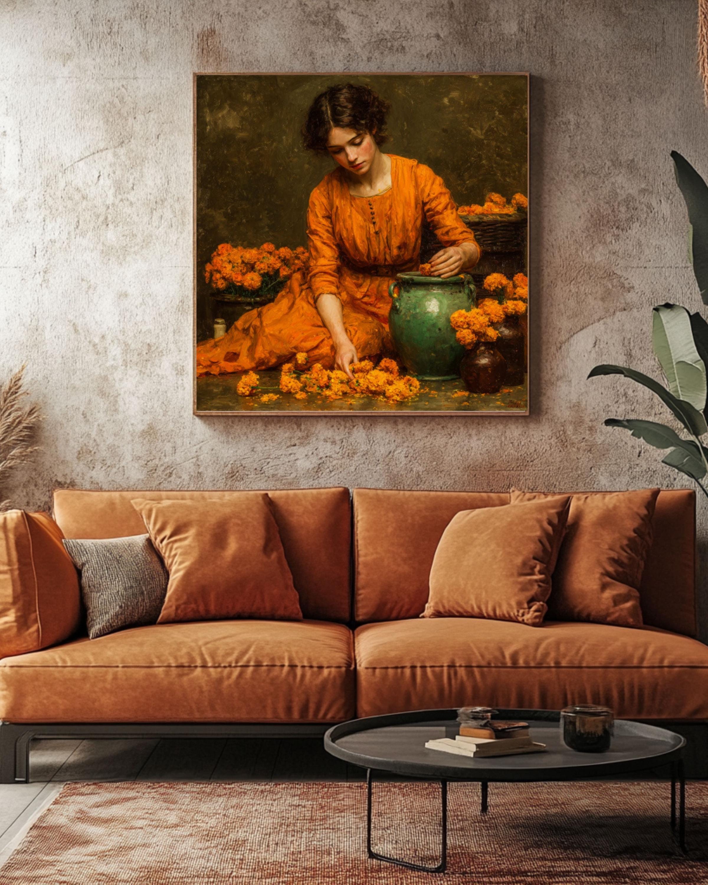 waterhouse style art print woman pouring marigolds vintage painting