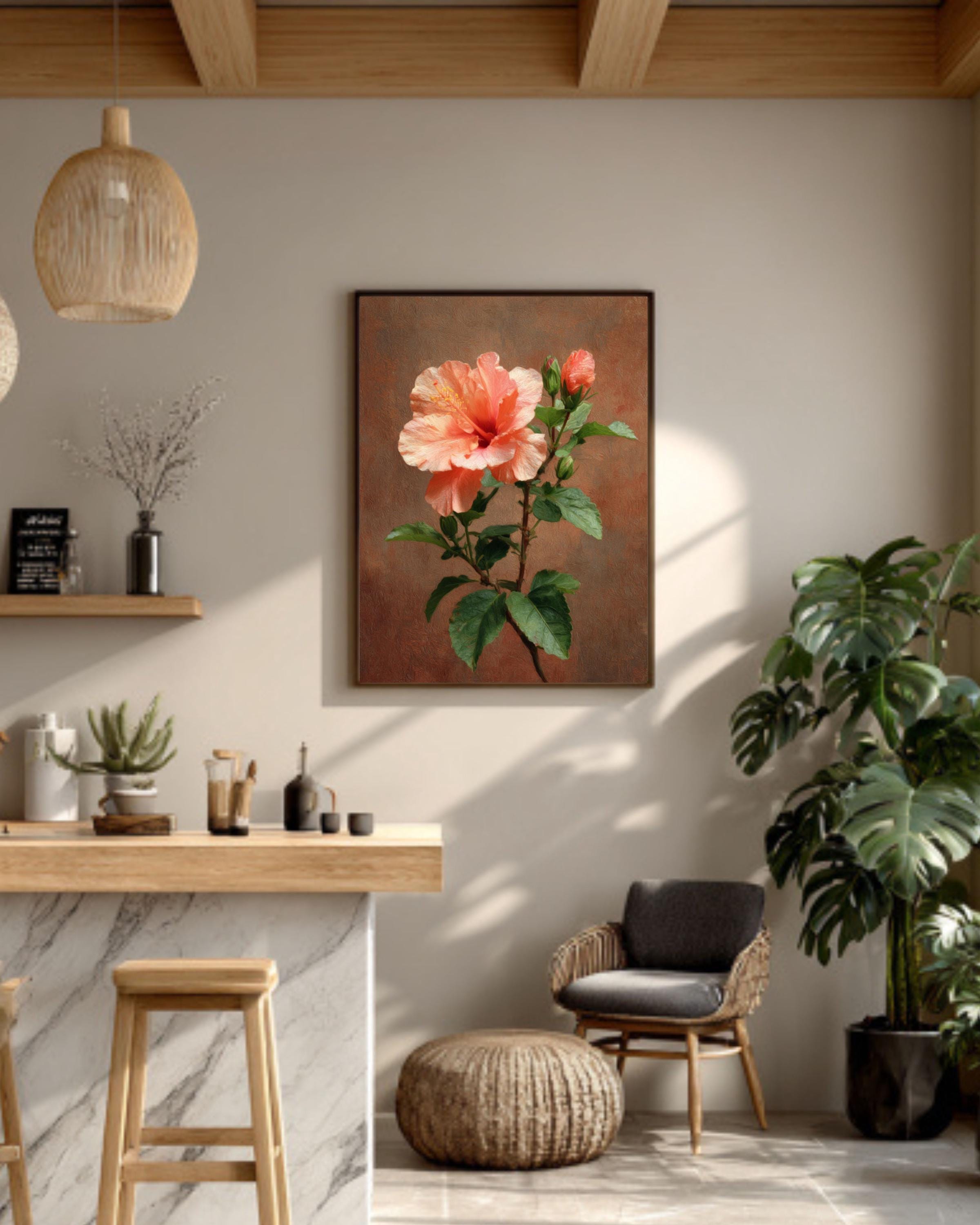 Peach Hibiscus Botanical Canvas Wall Art – Vintage Floral Home & Office Decor