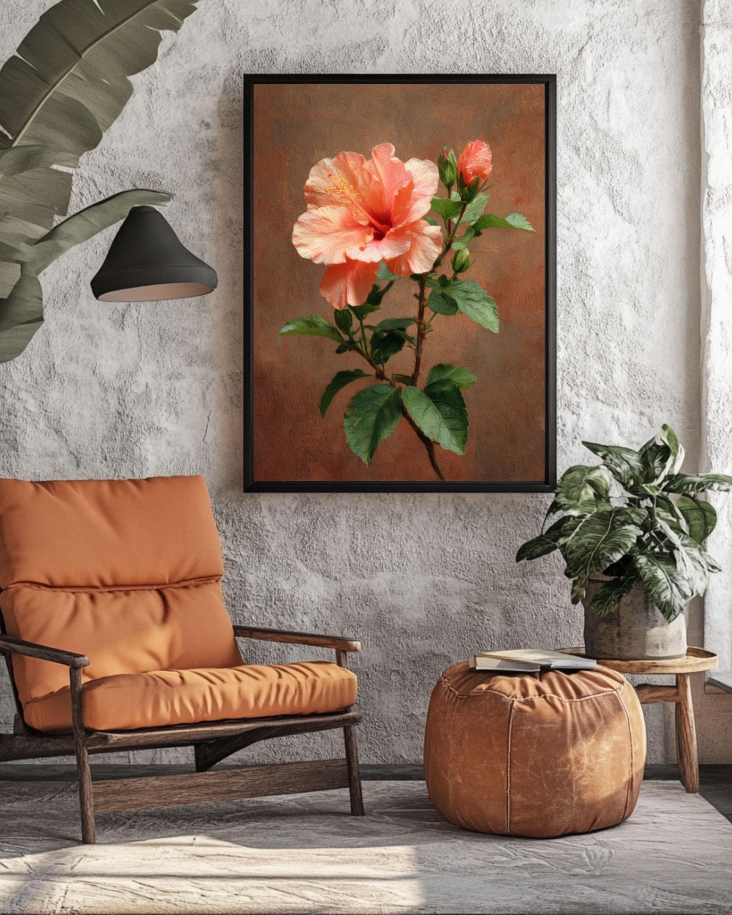 Peach Hibiscus Botanical Canvas Wall Art – Vintage Floral Home & Office Decor