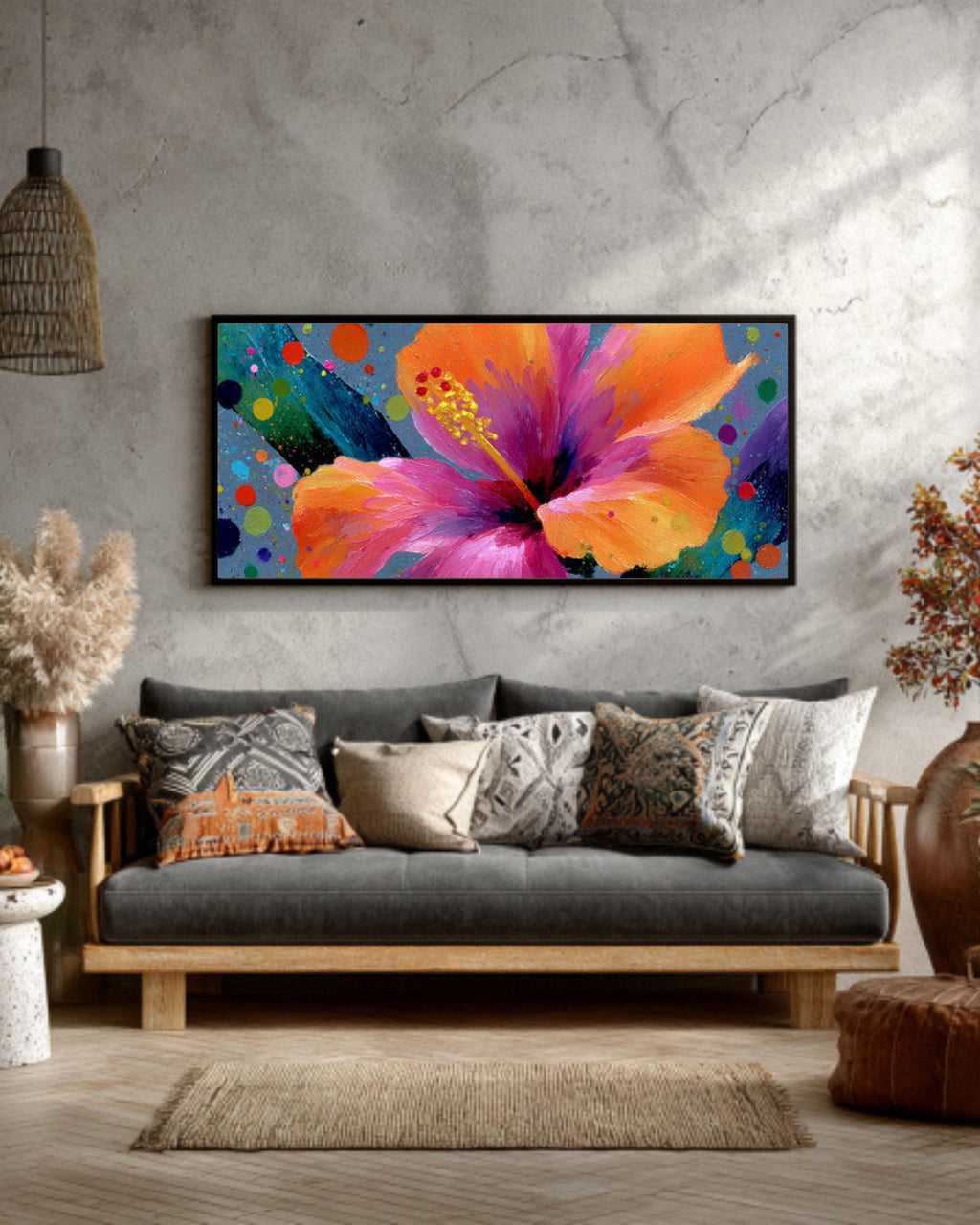 Abstract Hibiscus Flower Canvas Wall Art – Bold Floral Expressionist Home Decor