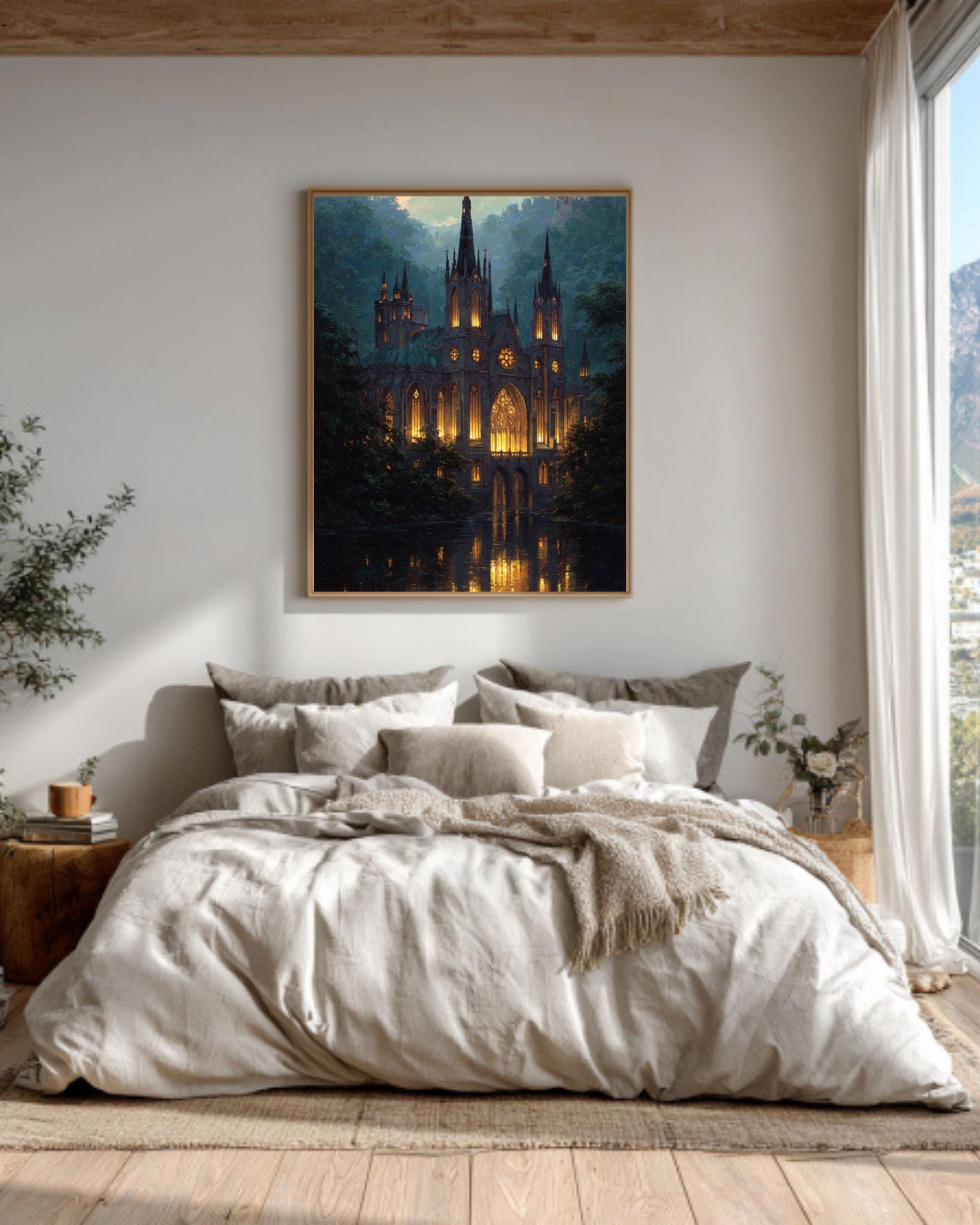 Gothic Cathedral Oil Painting: Dark Stone Church Wall Art Canvas Wall Art Print – Premium Home Decor