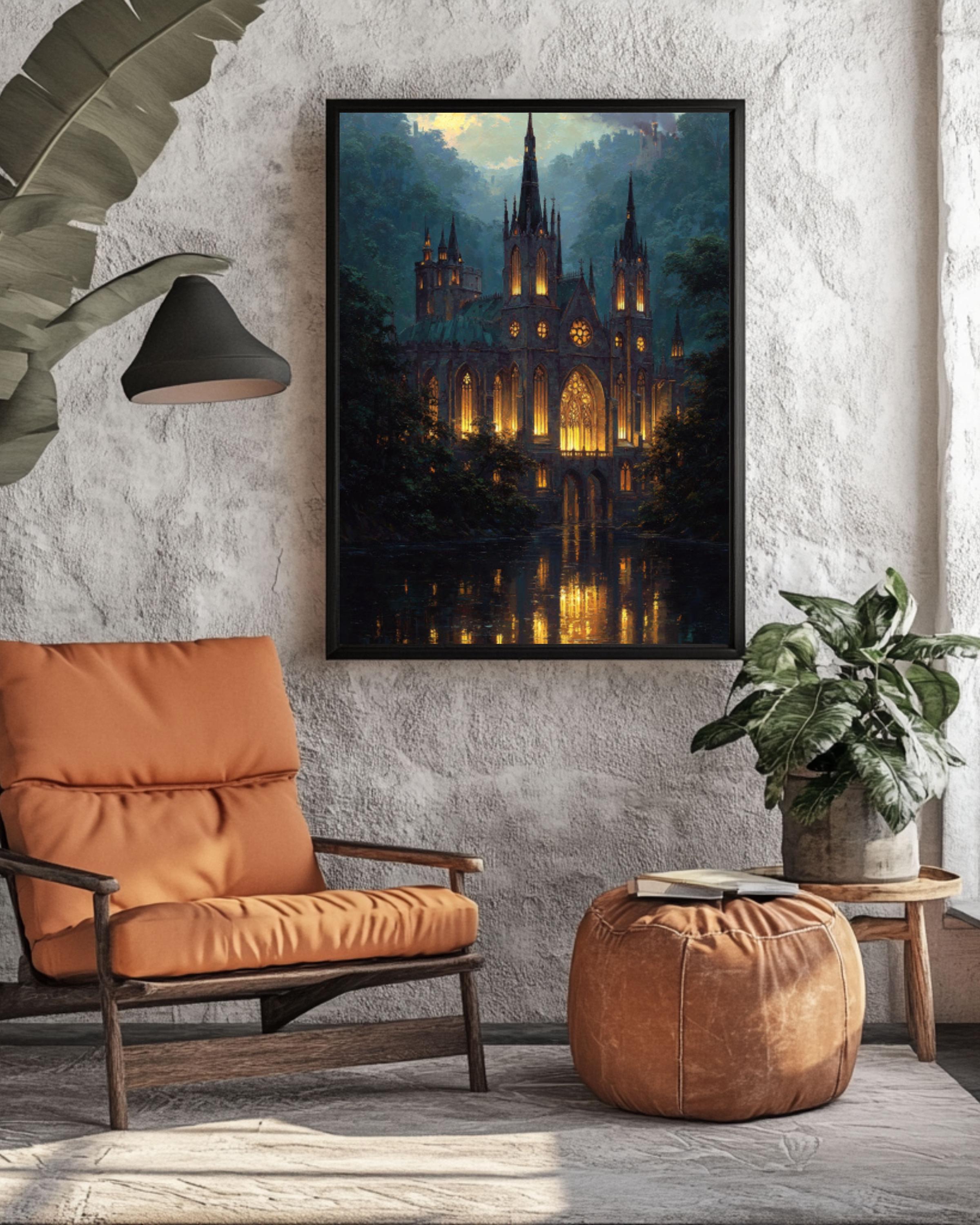 Gothic Cathedral Oil Painting: Dark Stone Church Wall Art Canvas Wall Art Print – Premium Home Decor