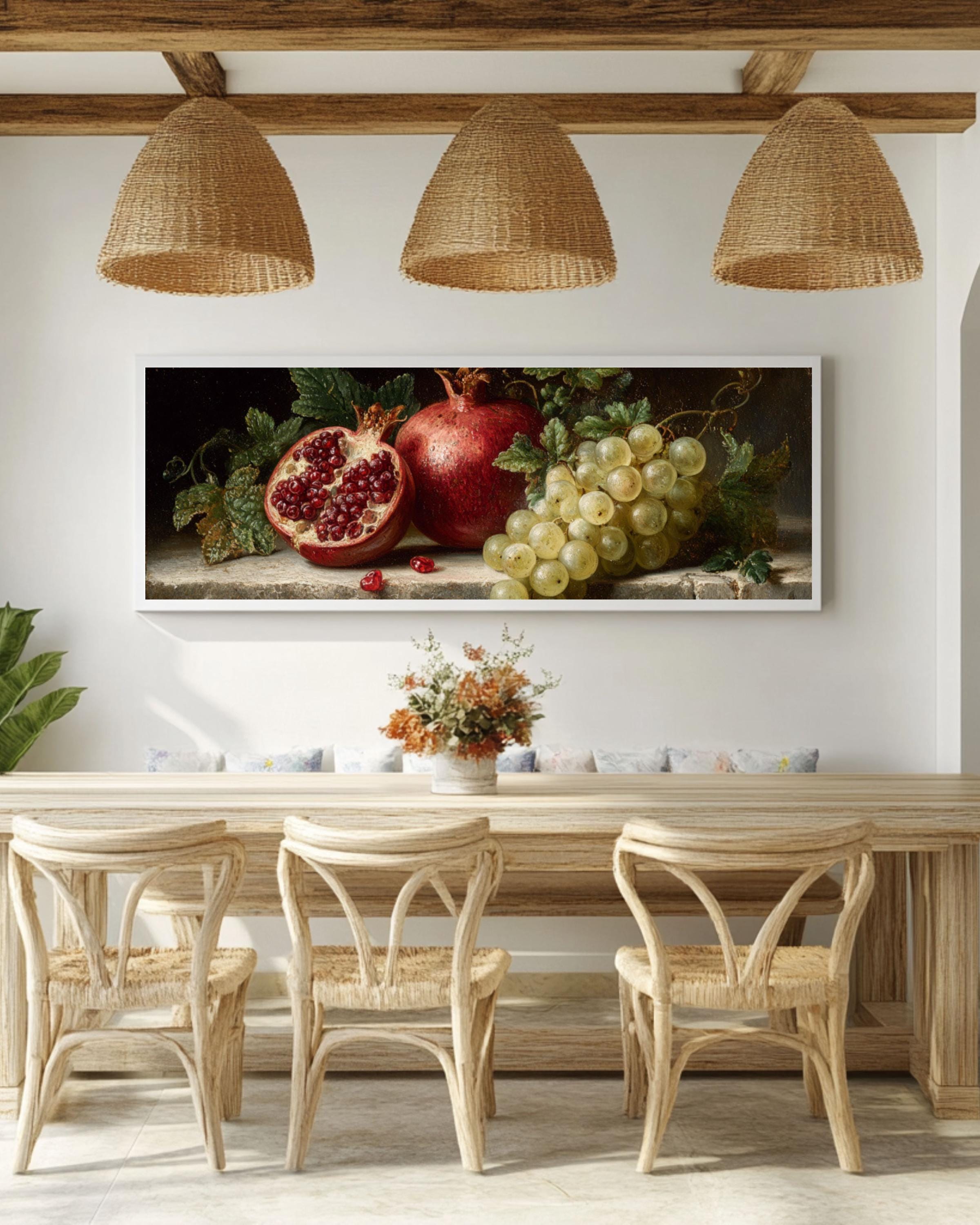 Pomegranate & Grapes Wall Art – Vintage-Inspired Still Life Canvas