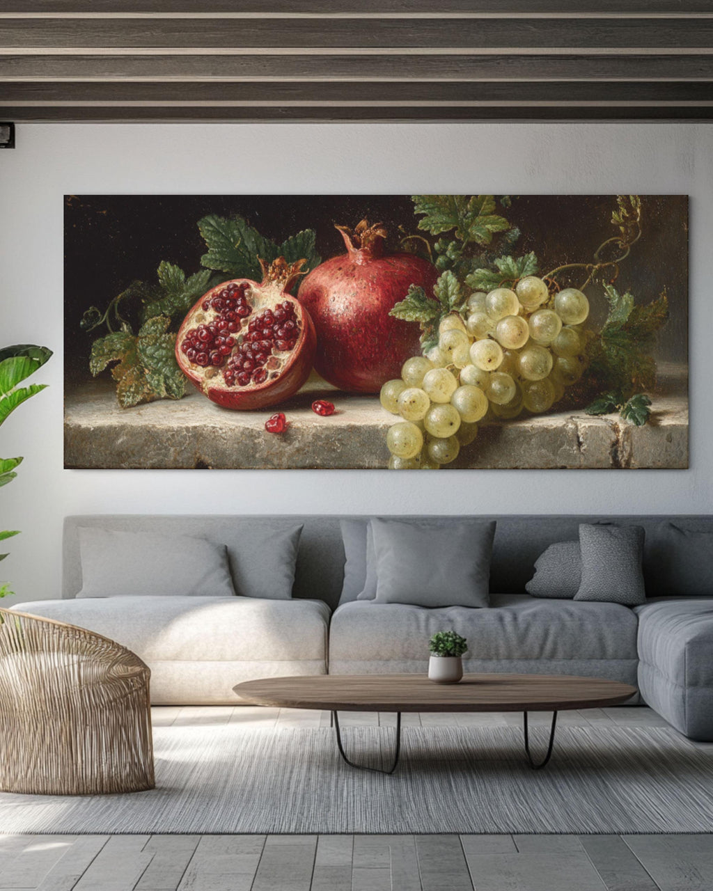 Pomegranate & Grapes Wall Art – Vintage-Inspired Still Life Canvas