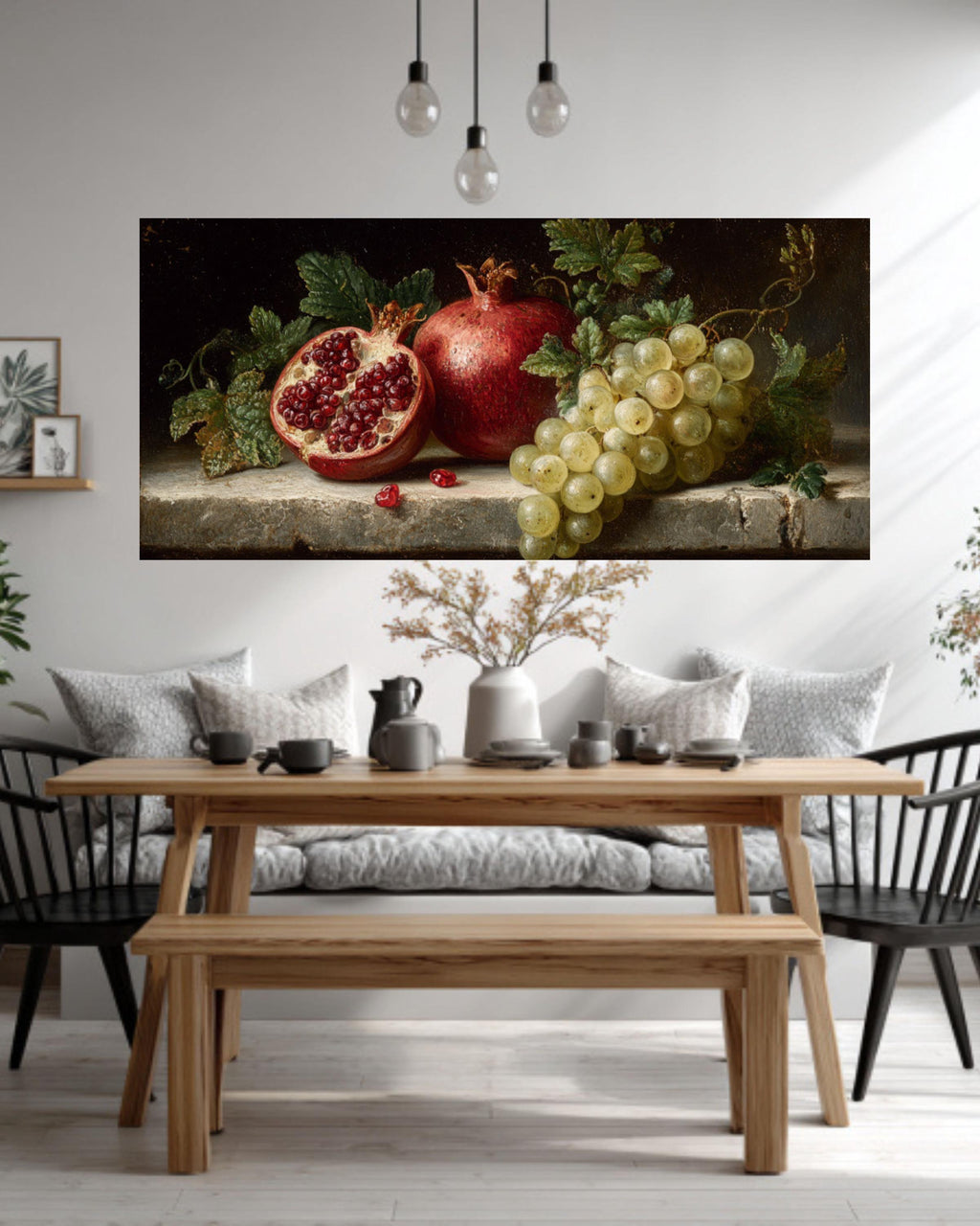 Pomegranate & Grapes Wall Art – Vintage-Inspired Still Life Canvas