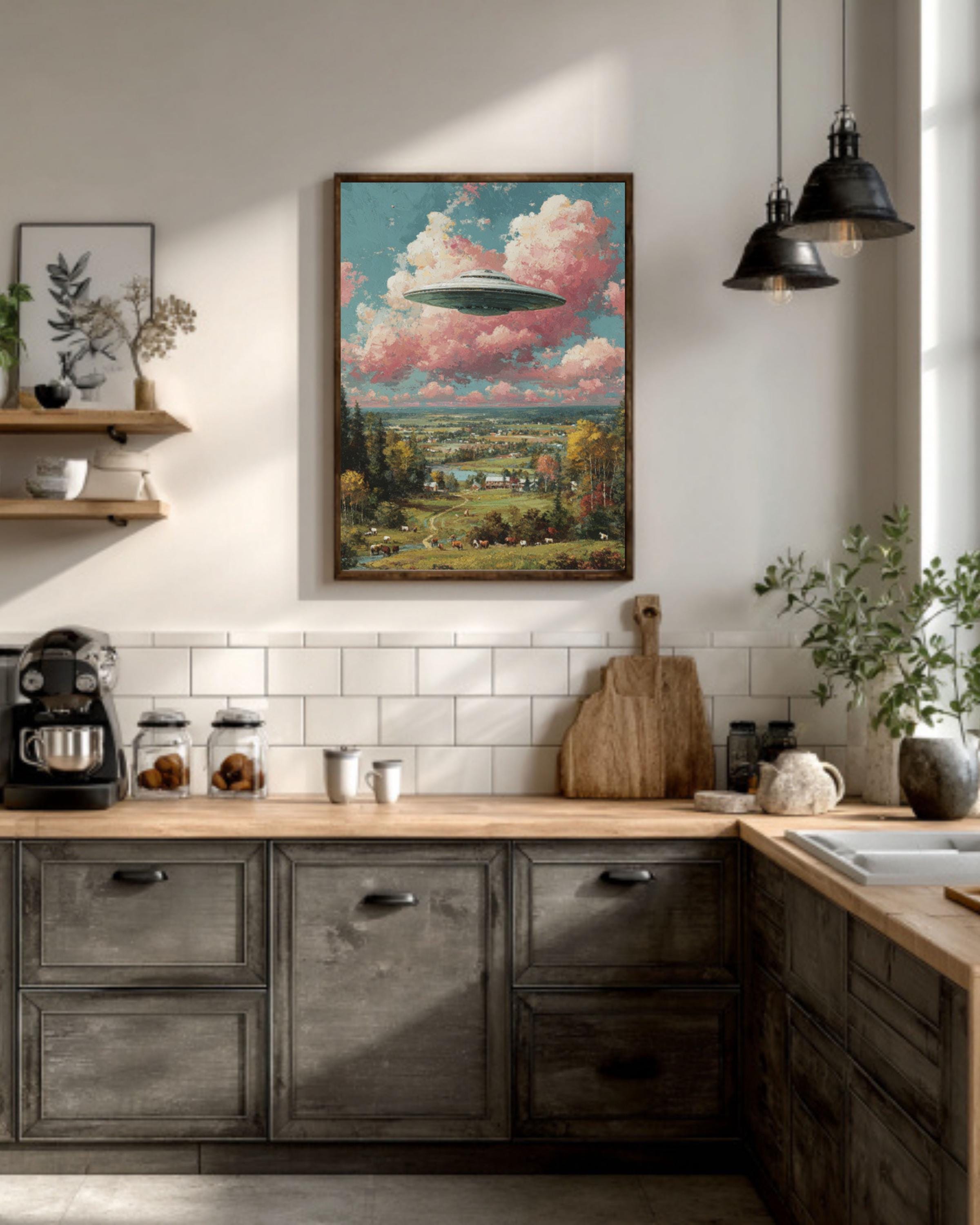 Pastel UFO Painting â€“ Surreal Farmland, Cows & Pink Clouds Wall Art Canvas Wall Art Print – Premium Home Decor