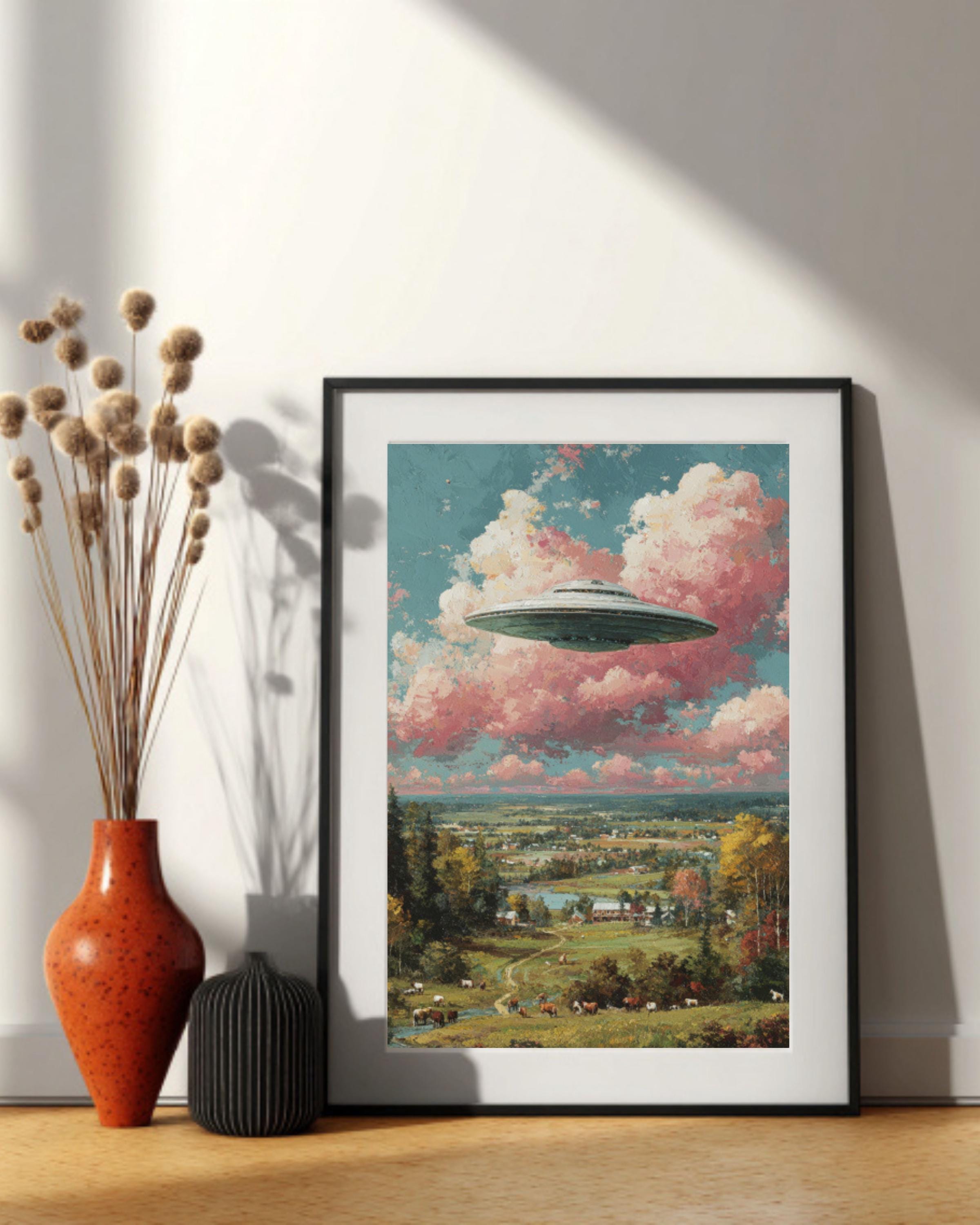 Pastel UFO Painting â€“ Surreal Farmland, Cows & Pink Clouds Wall Art Canvas Wall Art Print – Premium Home Decor