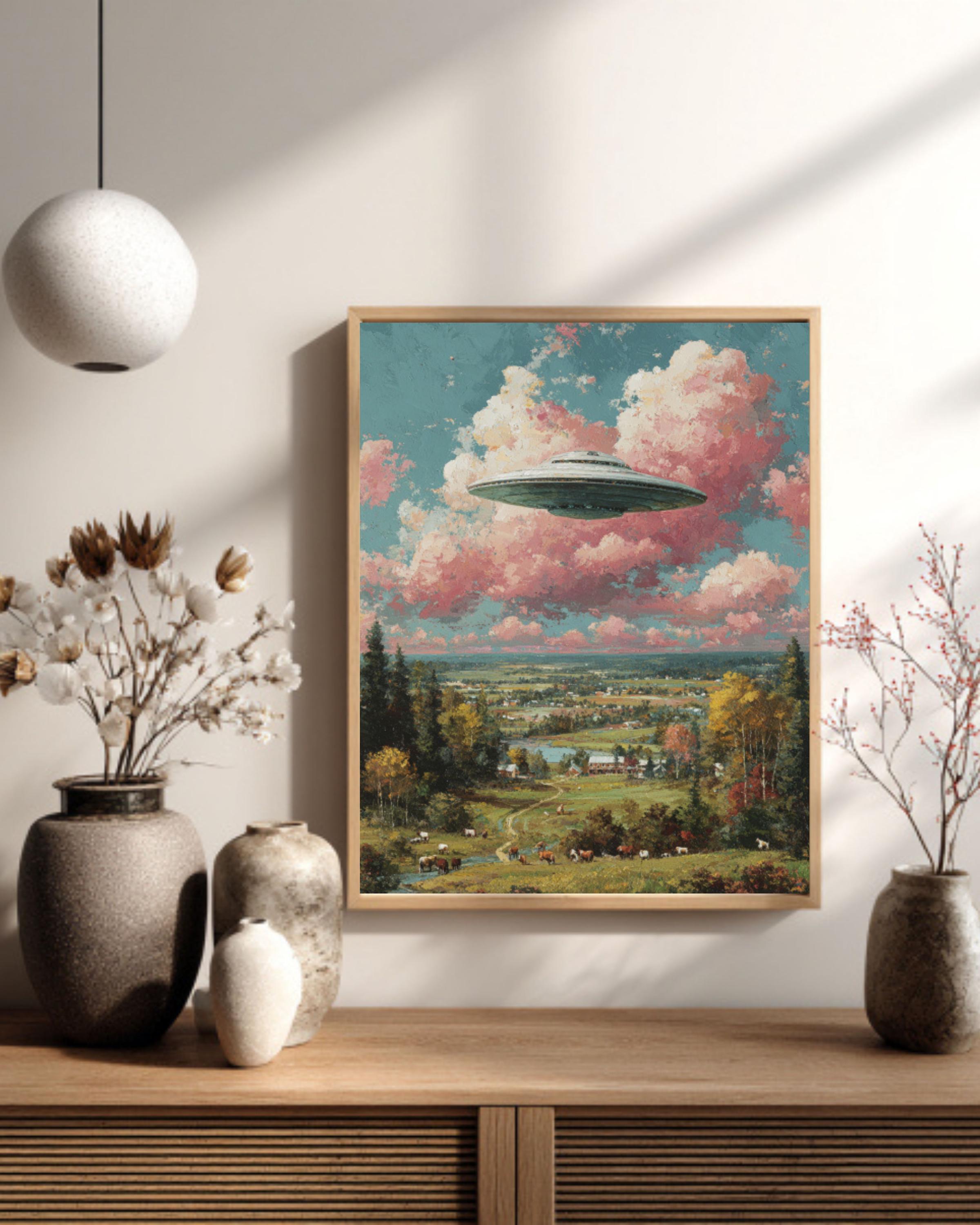 Pastel UFO Painting â€“ Surreal Farmland, Cows & Pink Clouds Wall Art Canvas Wall Art Print – Premium Home Decor