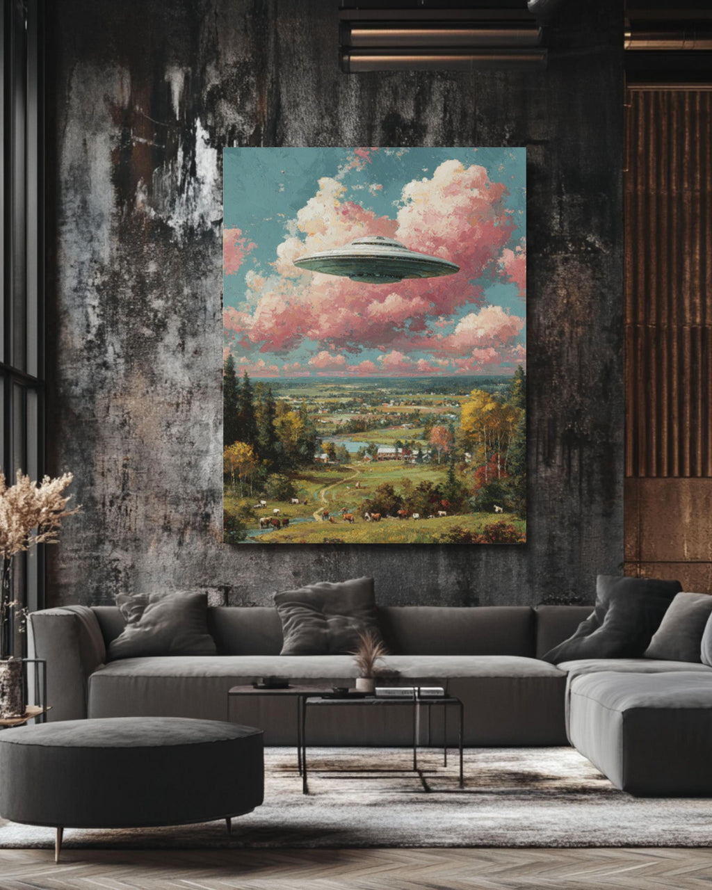 Pastel UFO Painting â€“ Surreal Farmland, Cows & Pink Clouds Wall Art Canvas Wall Art Print – Premium Home Decor