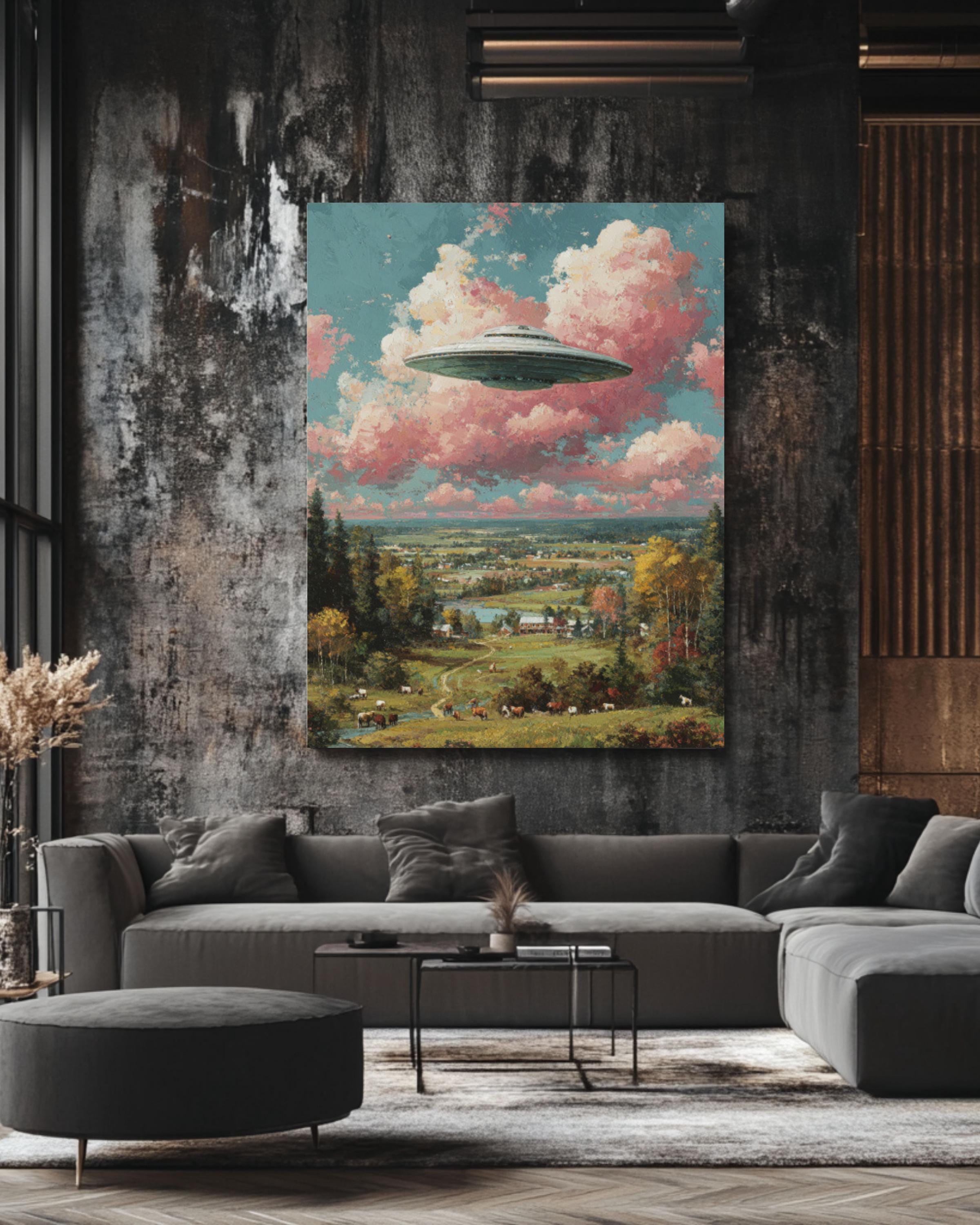 Pastel UFO Painting â€“ Surreal Farmland, Cows & Pink Clouds Wall Art Canvas Wall Art Print – Premium Home Decor