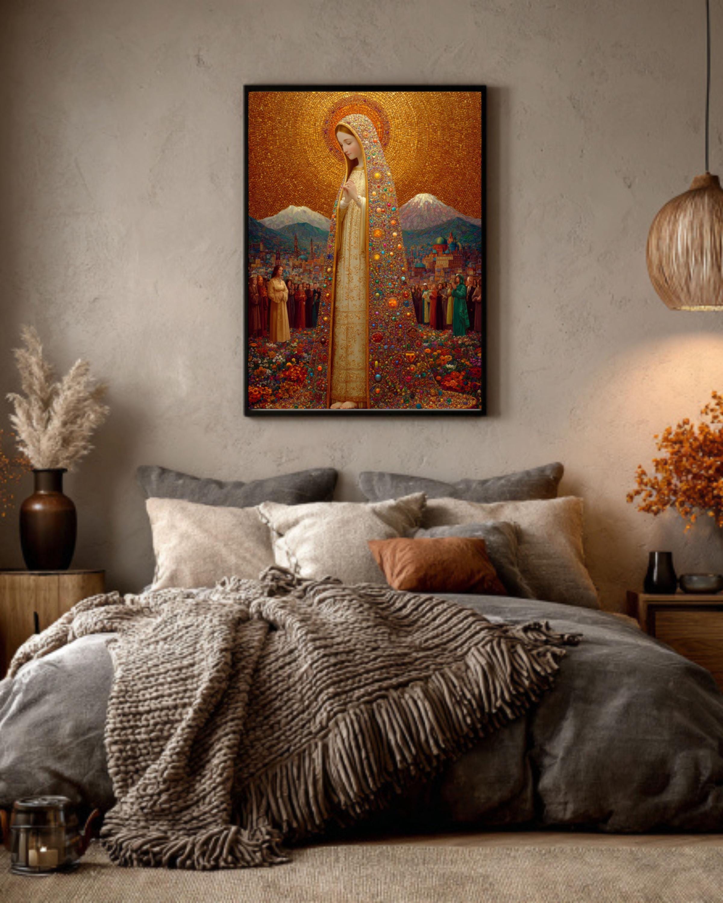 Virgin Mary Gold Halo Wall Art – Klimt-Inspired Religious Portrait Print