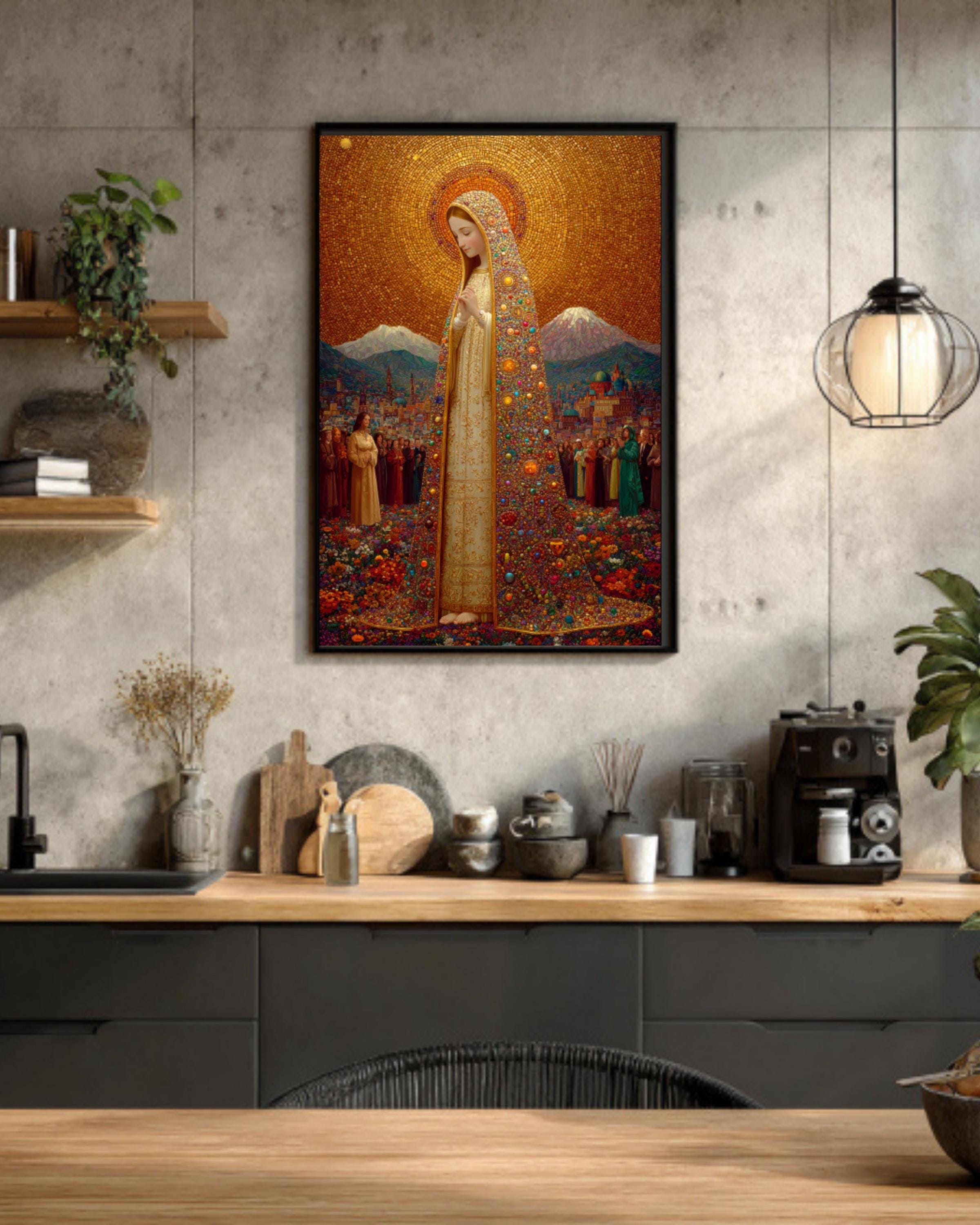 Virgin Mary Gold Halo Wall Art – Klimt-Inspired Religious Portrait Print