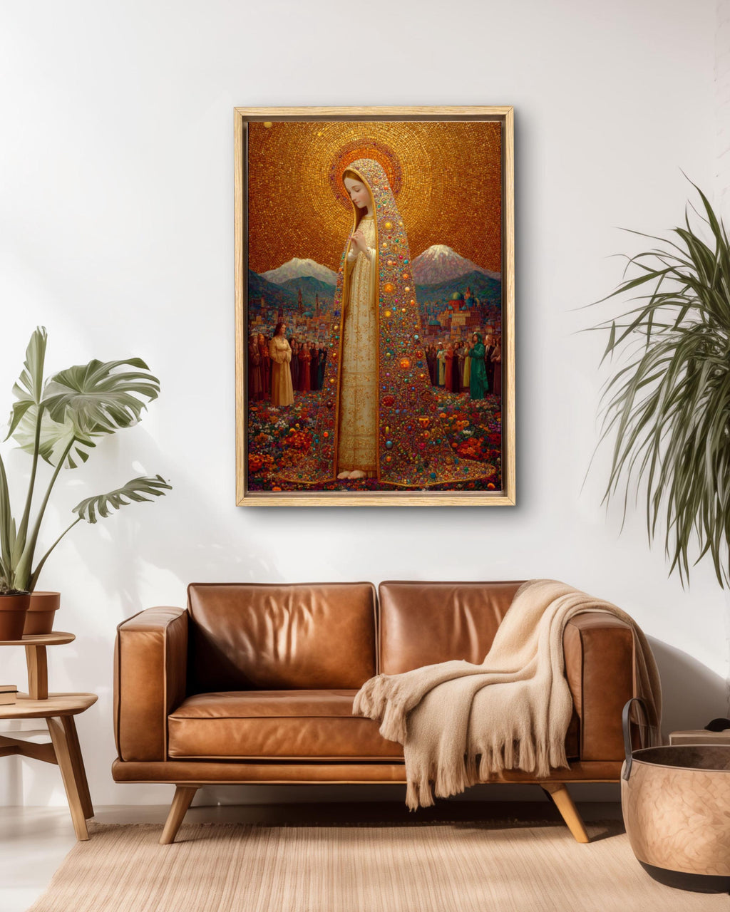 Virgin Mary Gold Halo Wall Art – Klimt-Inspired Religious Portrait Print