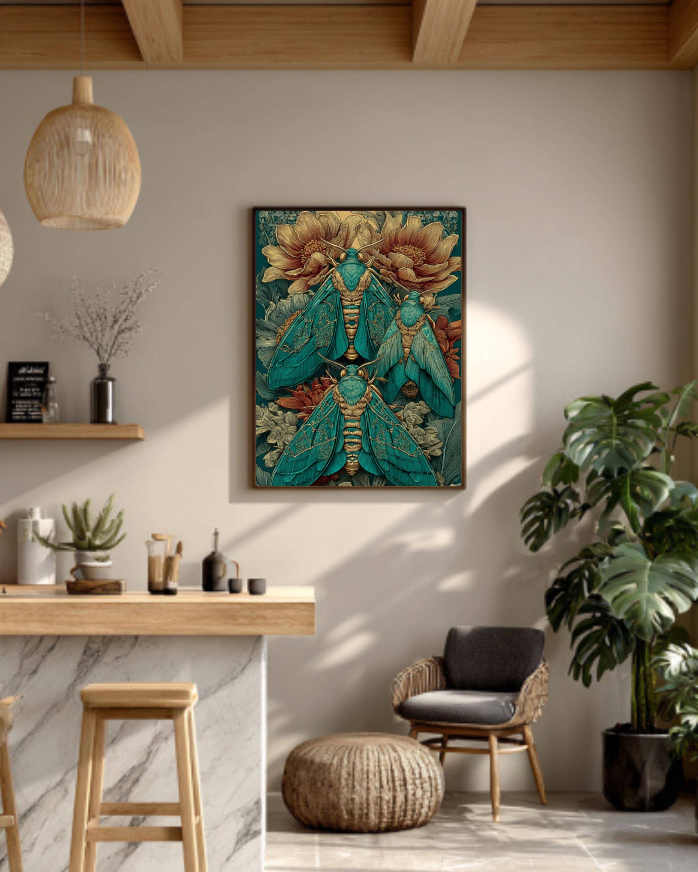 Victorian Moth Art Print â€“ Green & Gold Falero Style, Vintage Botanical Canvas Wall Art Print – Premium Home Decor