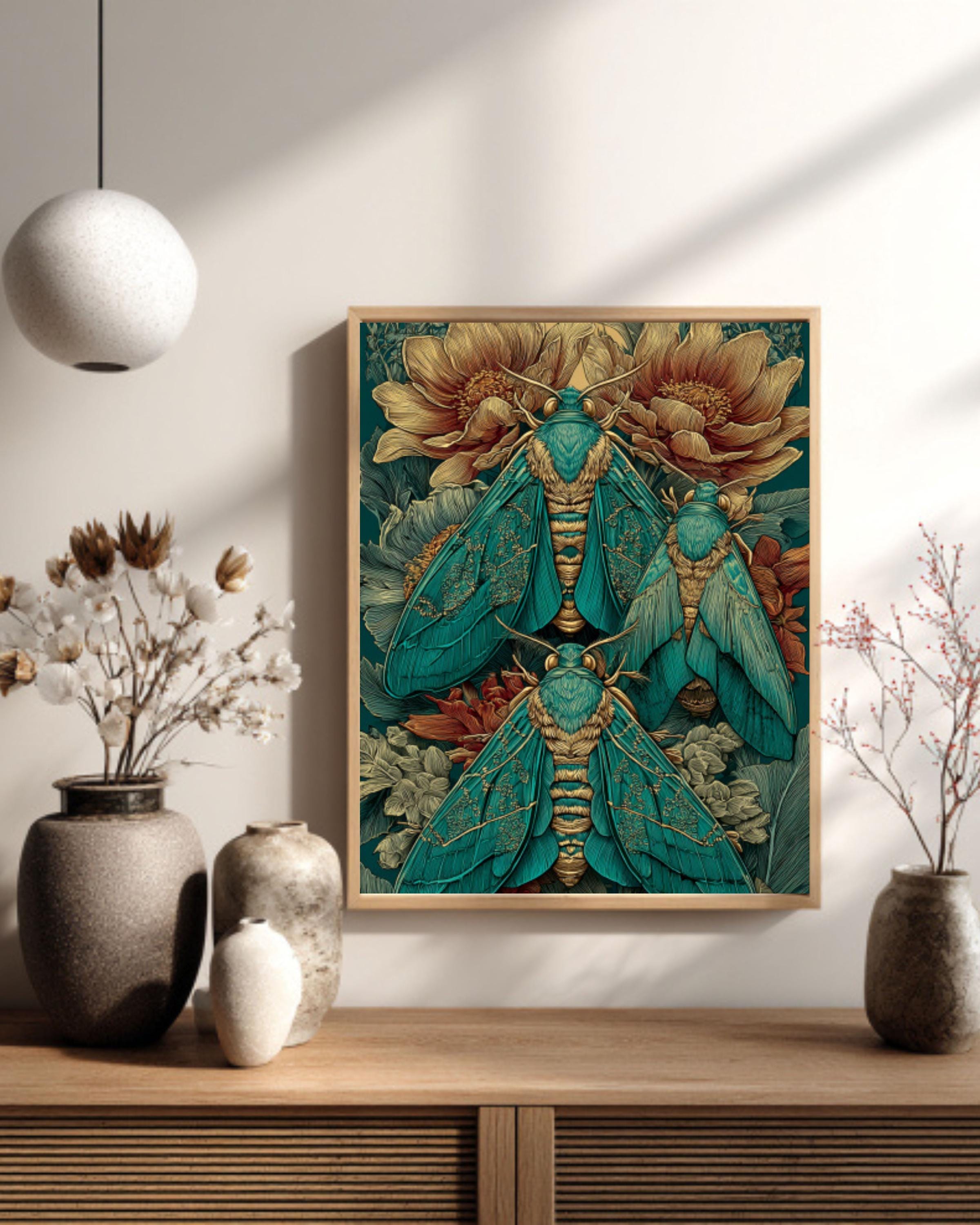 Victorian Moth Art Print â€“ Green & Gold Falero Style, Vintage Botanical Canvas Wall Art Print – Premium Home Decor