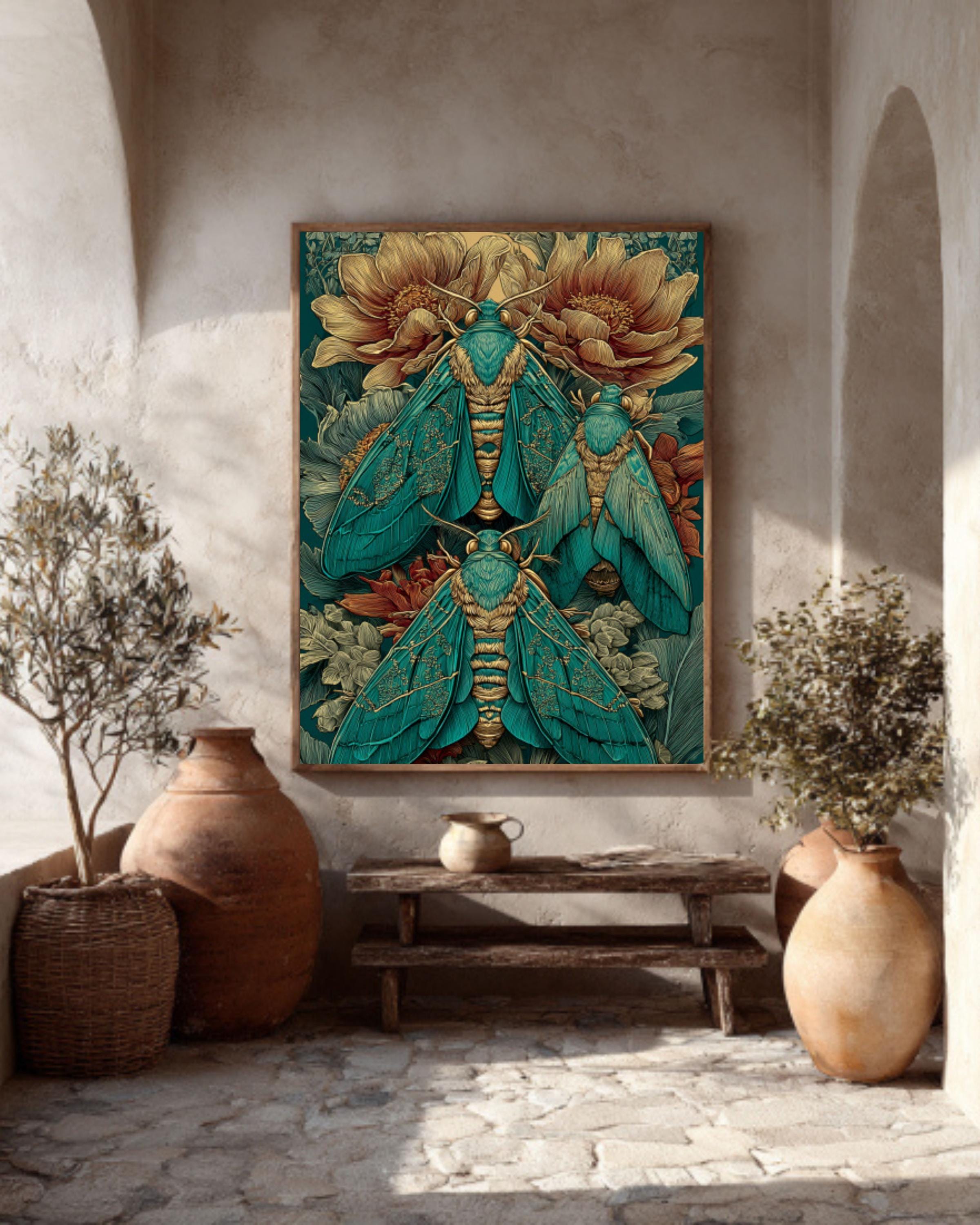 Victorian Moth Art Print â€“ Green & Gold Falero Style, Vintage Botanical Canvas Wall Art Print – Premium Home Decor
