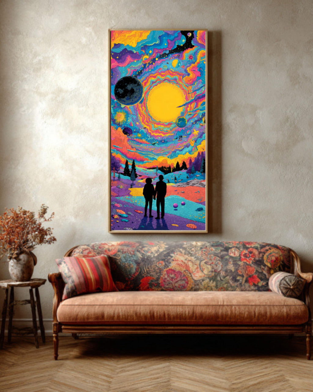Psychedelic Alien Moon Meeting Canvas Art – Colorful Sci-Fi Wall Decor