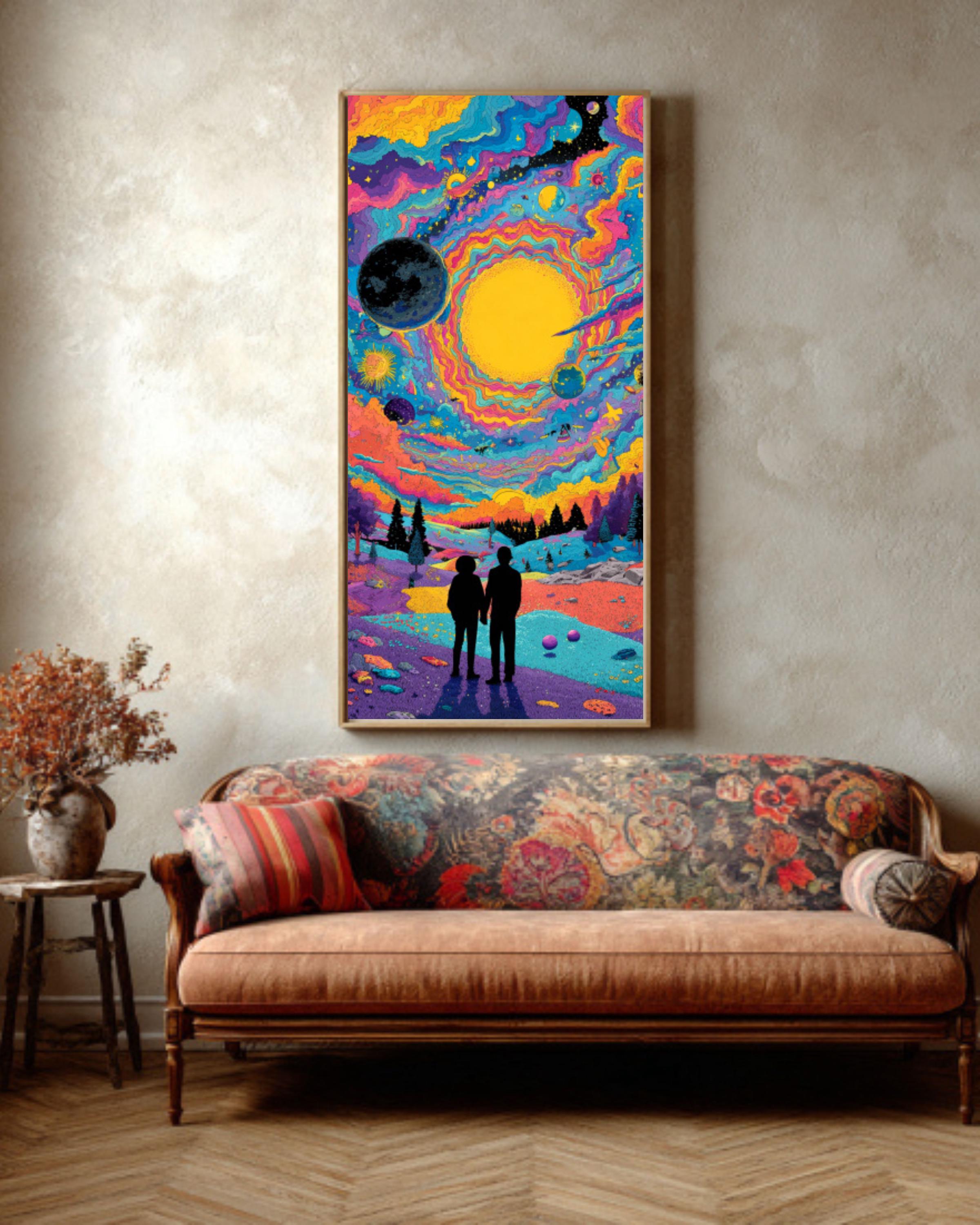 Psychedelic Alien Moon Meeting Canvas Art – Colorful Sci-Fi Wall Decor