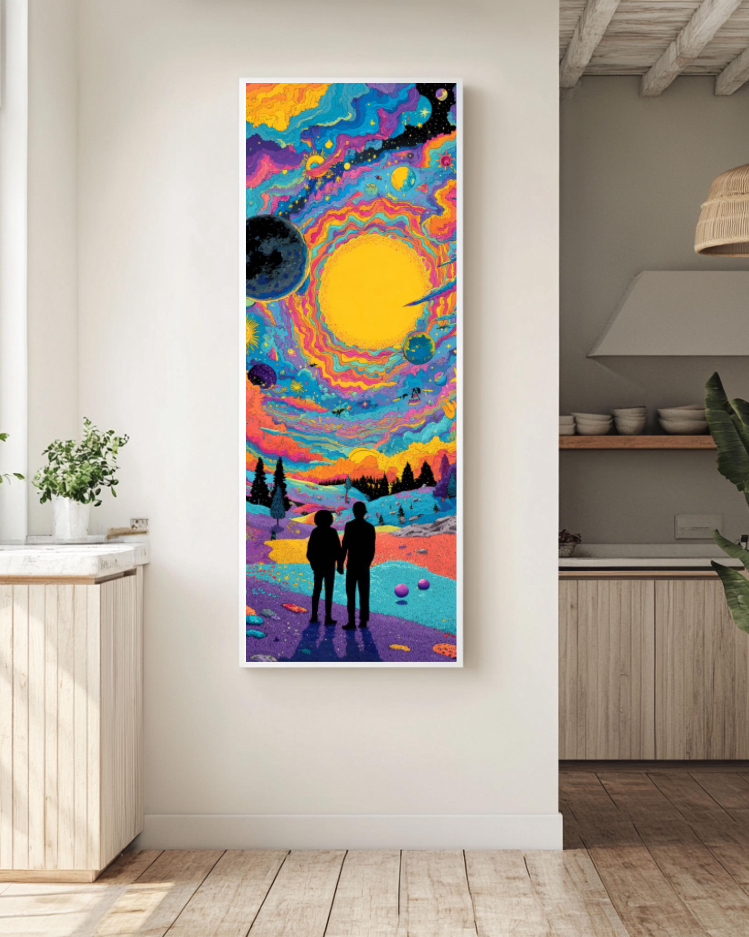 Psychedelic Alien Moon Meeting Canvas Art – Colorful Sci-Fi Wall Decor