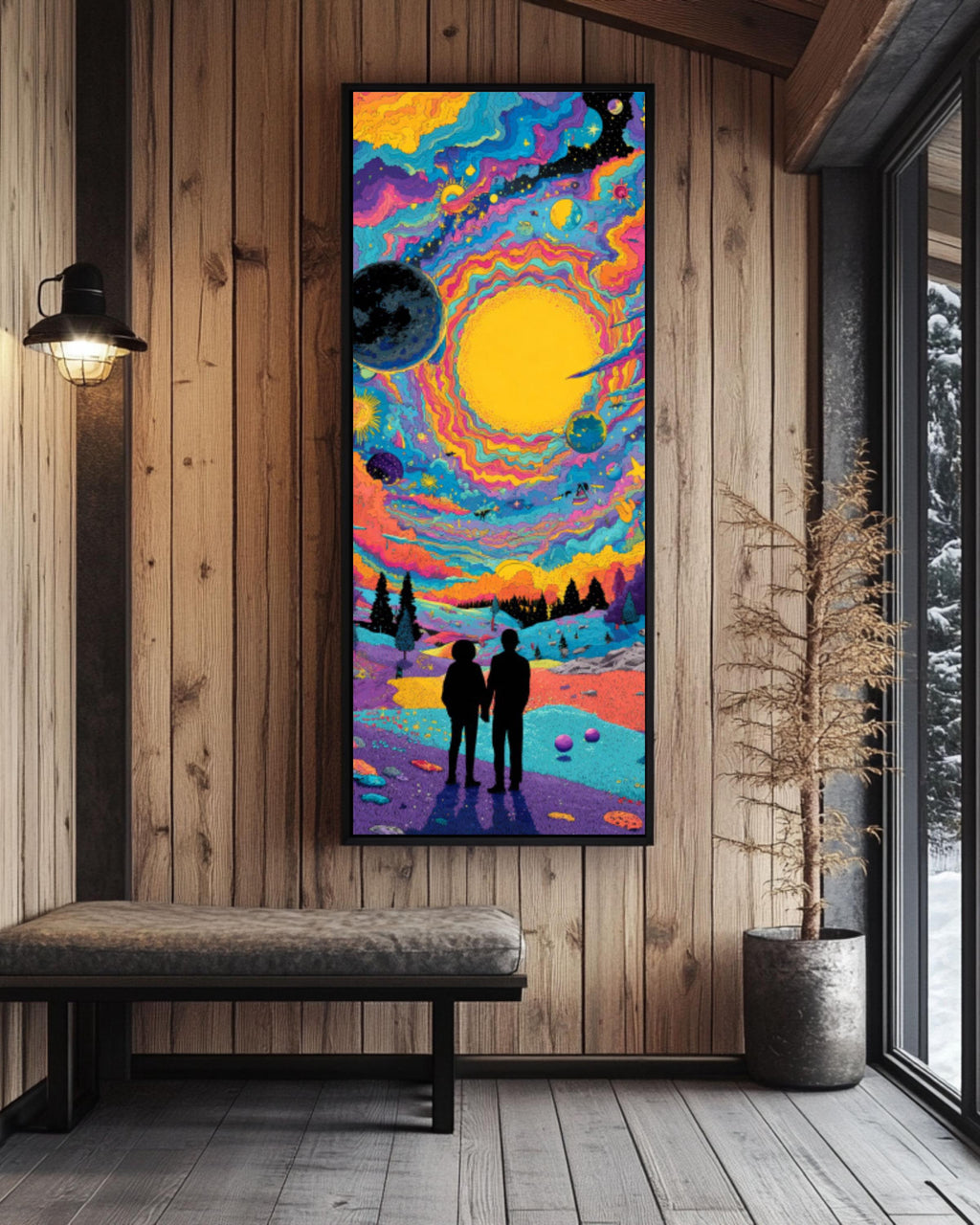 Psychedelic Alien Moon Meeting Canvas Art – Colorful Sci-Fi Wall Decor