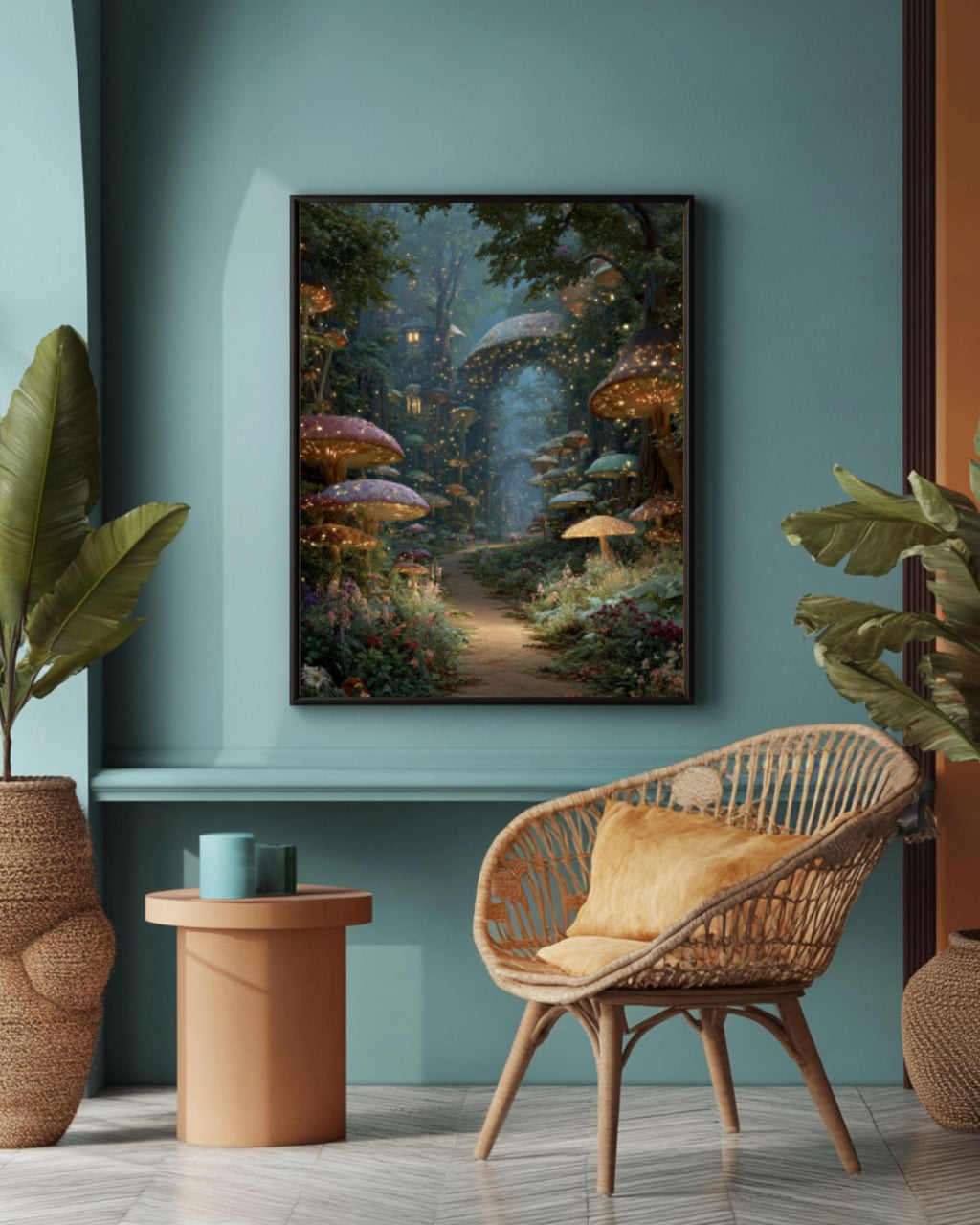 Enchanted Forest Path Wall Art – Glowing Mushrooms Fairy Village Print
