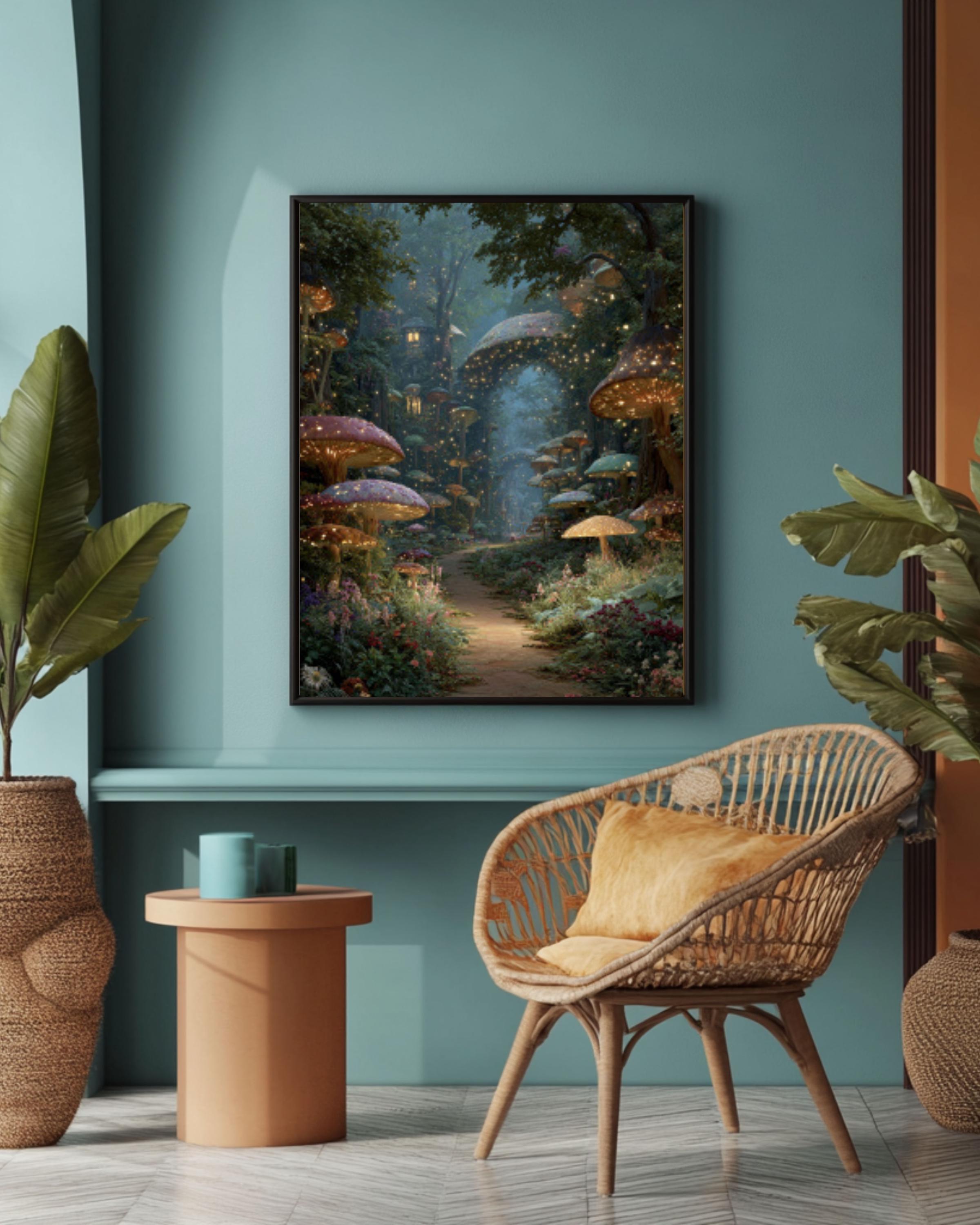 Enchanted Forest Path Wall Art – Glowing Mushrooms Fairy Village Print