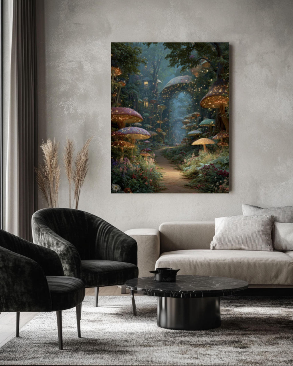 Enchanted Forest Path Wall Art – Glowing Mushrooms Fairy Village Print