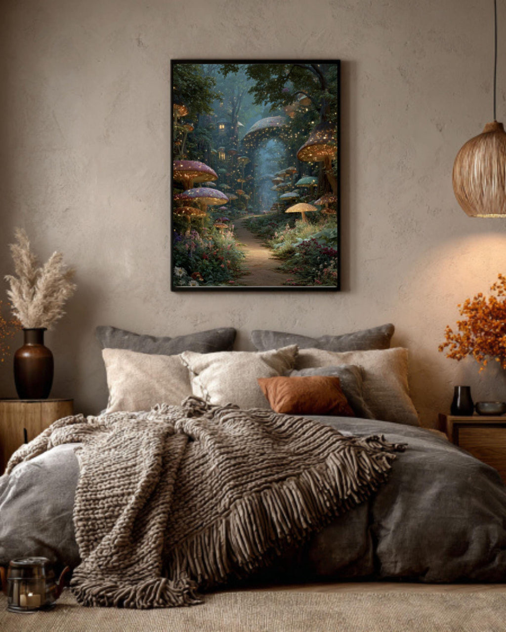 Enchanted Forest Path Wall Art – Glowing Mushrooms Fairy Village Print