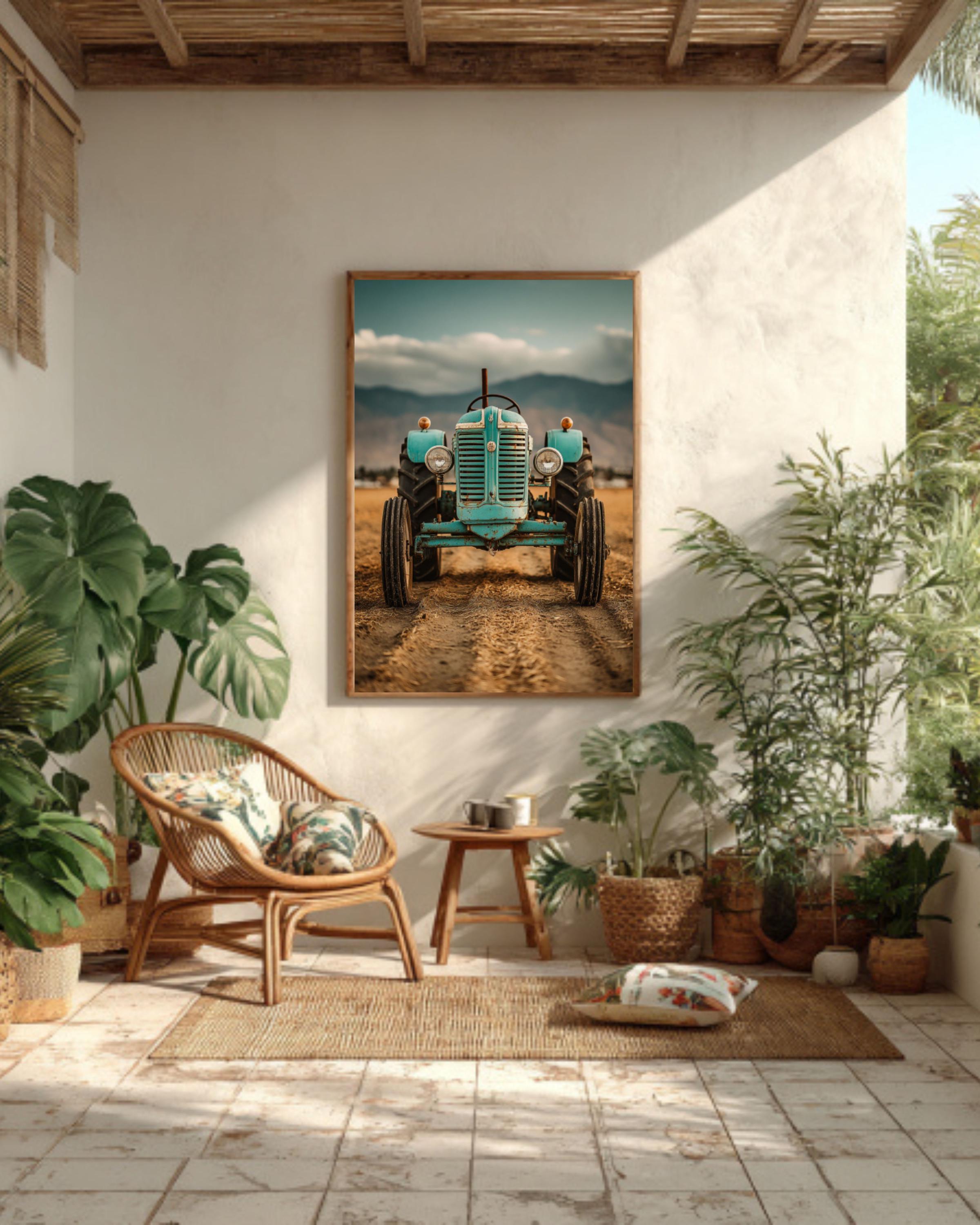 Turquoise Vintage Tractor Wall Art – Retro Farmhouse Photography Print
