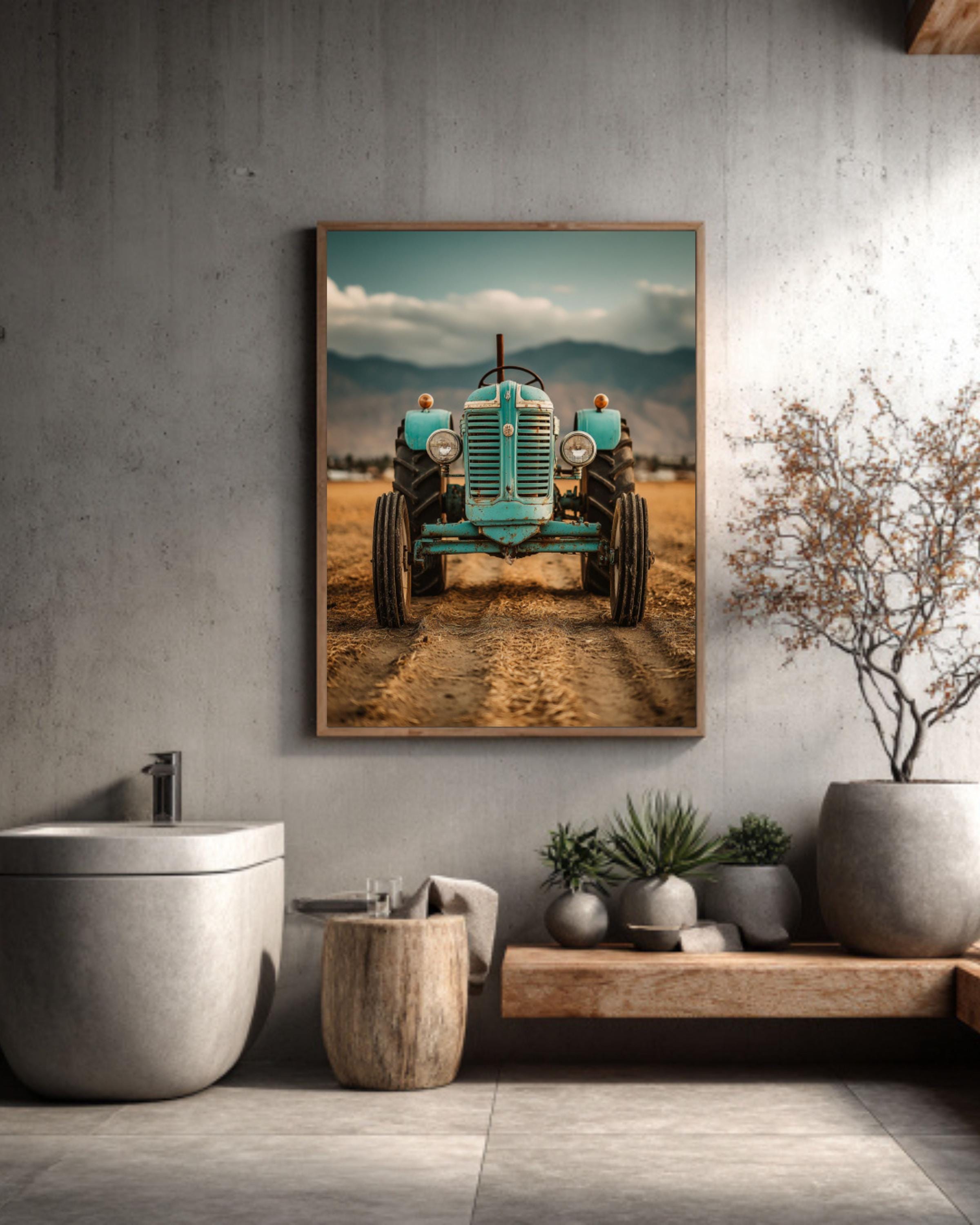 Turquoise Vintage Tractor Wall Art – Retro Farmhouse Photography Print