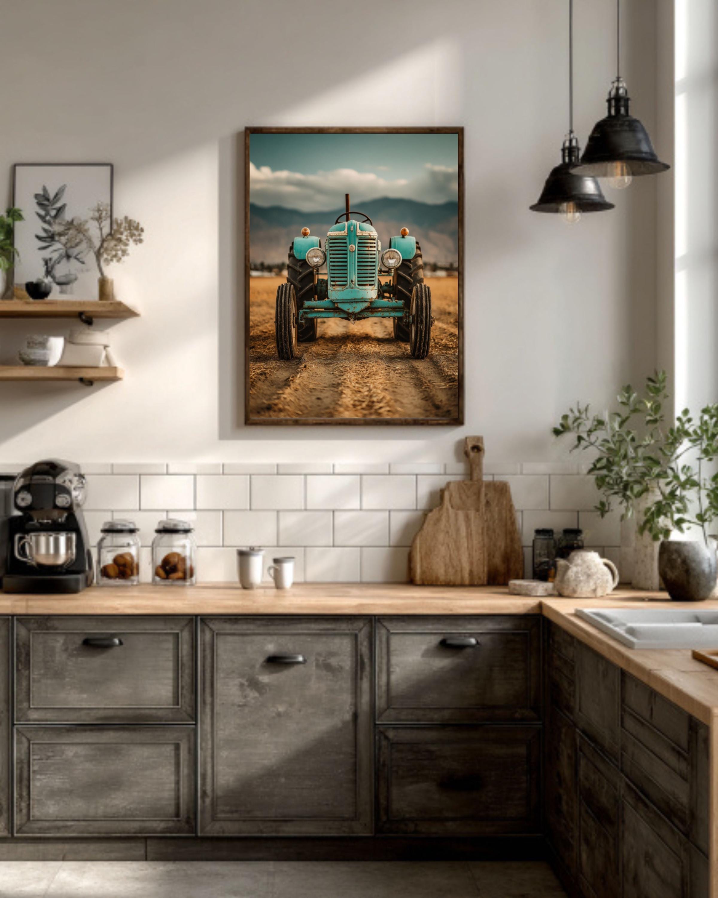 Turquoise Vintage Tractor Wall Art – Retro Farmhouse Photography Print