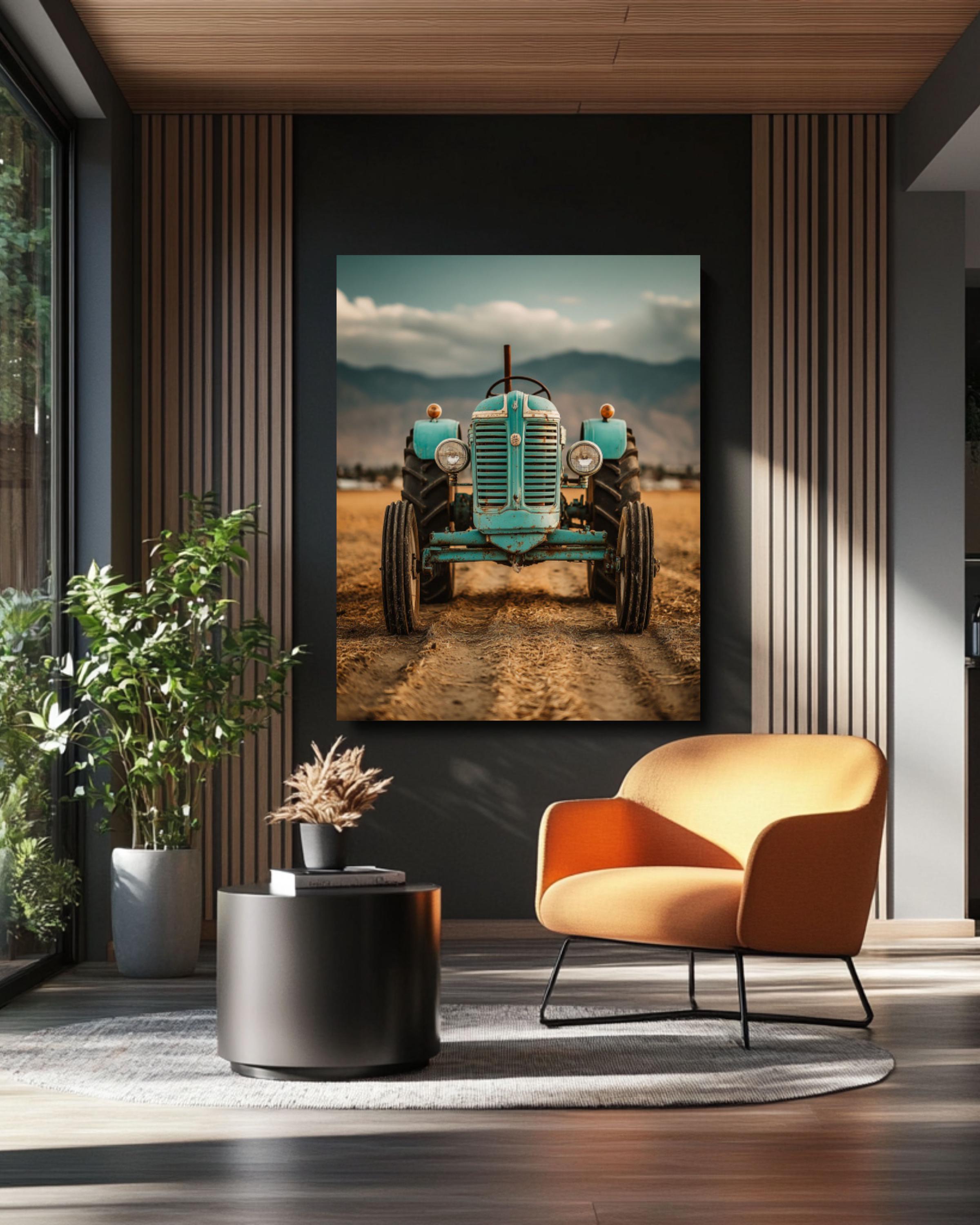 Turquoise Vintage Tractor Wall Art – Retro Farmhouse Photography Print