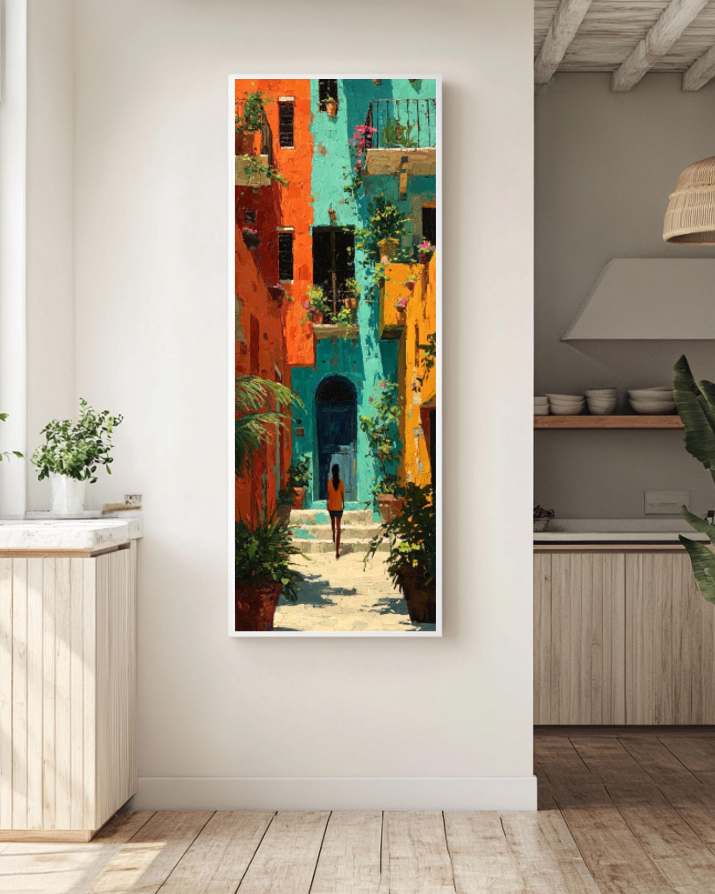 Mediterranean Courtyard Travel Wall Art – Orange & Teal European Decor Print