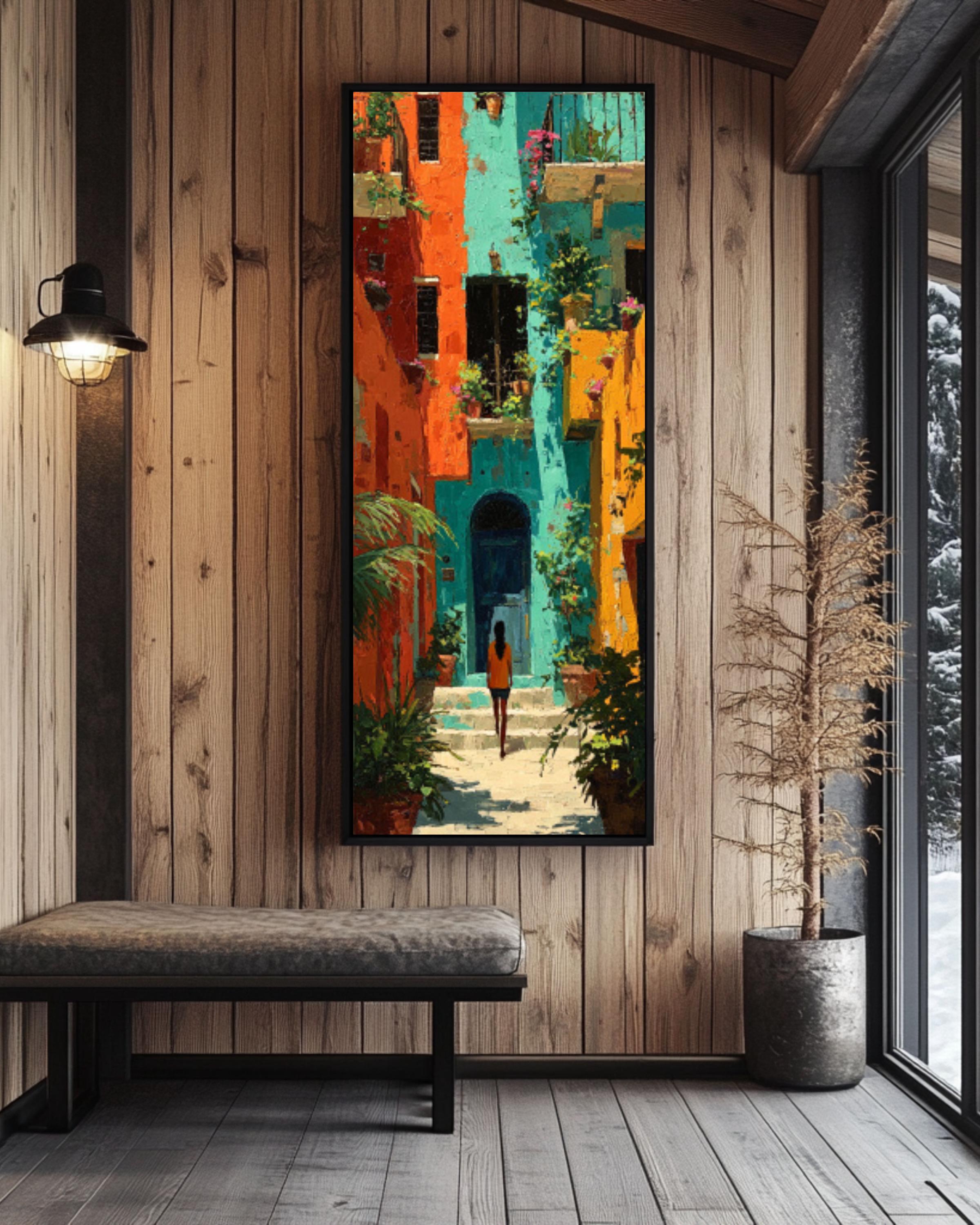 Mediterranean Courtyard Travel Wall Art – Orange & Teal European Decor Print